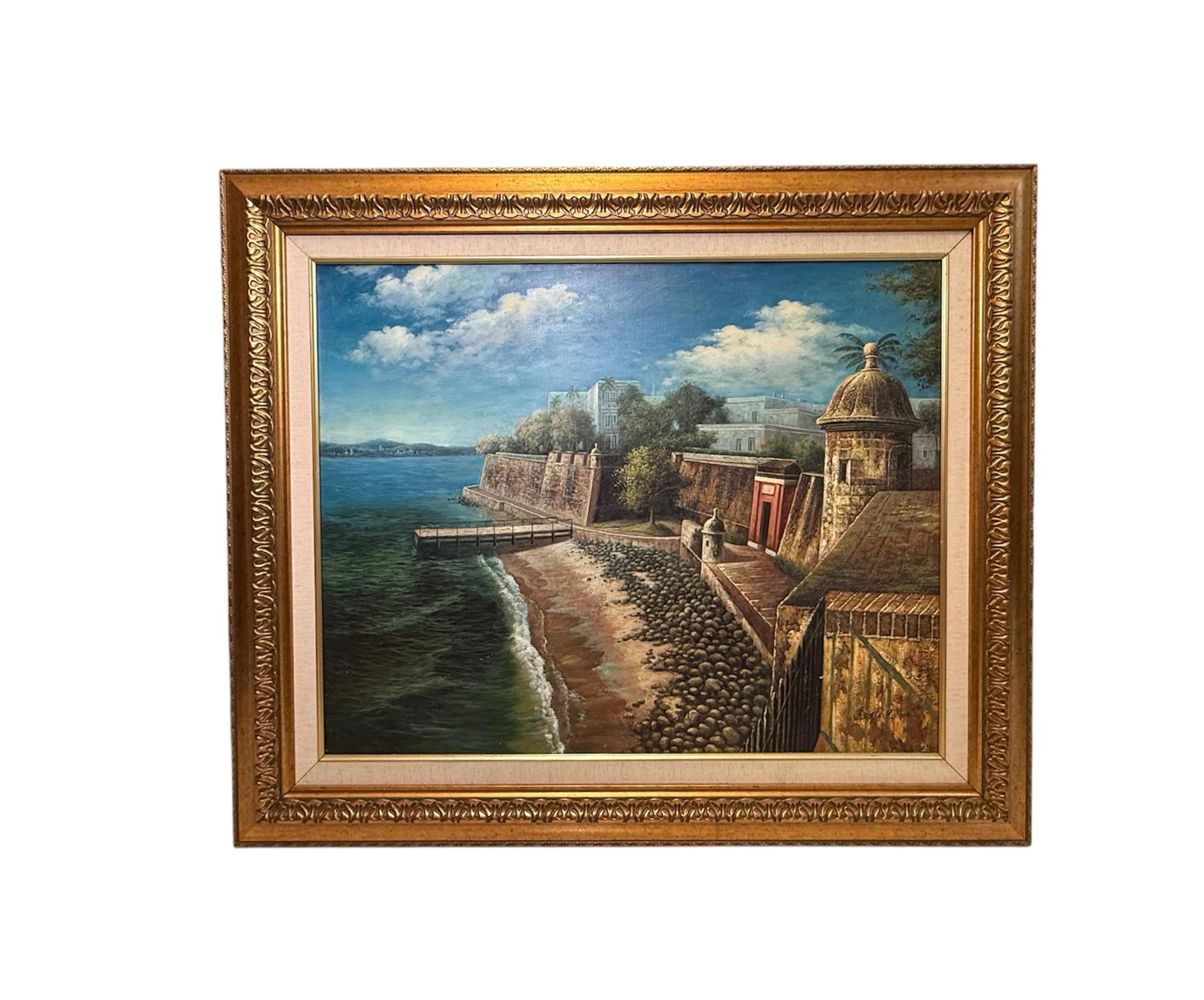 Pintura al óleo de Sixto Febus del Viejo San Juan Fortaleza histórica de San Felipe del Morro siglo XX en venta