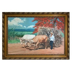 Vintage Sixto Febus Oil Painting of the Sugar Cane Harvest