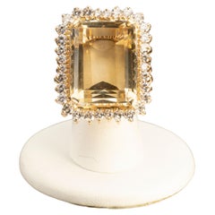 Sixty Carat Cushion-Cut Citrine with White Diamonds 14 Karat Gold Cocktail Ring