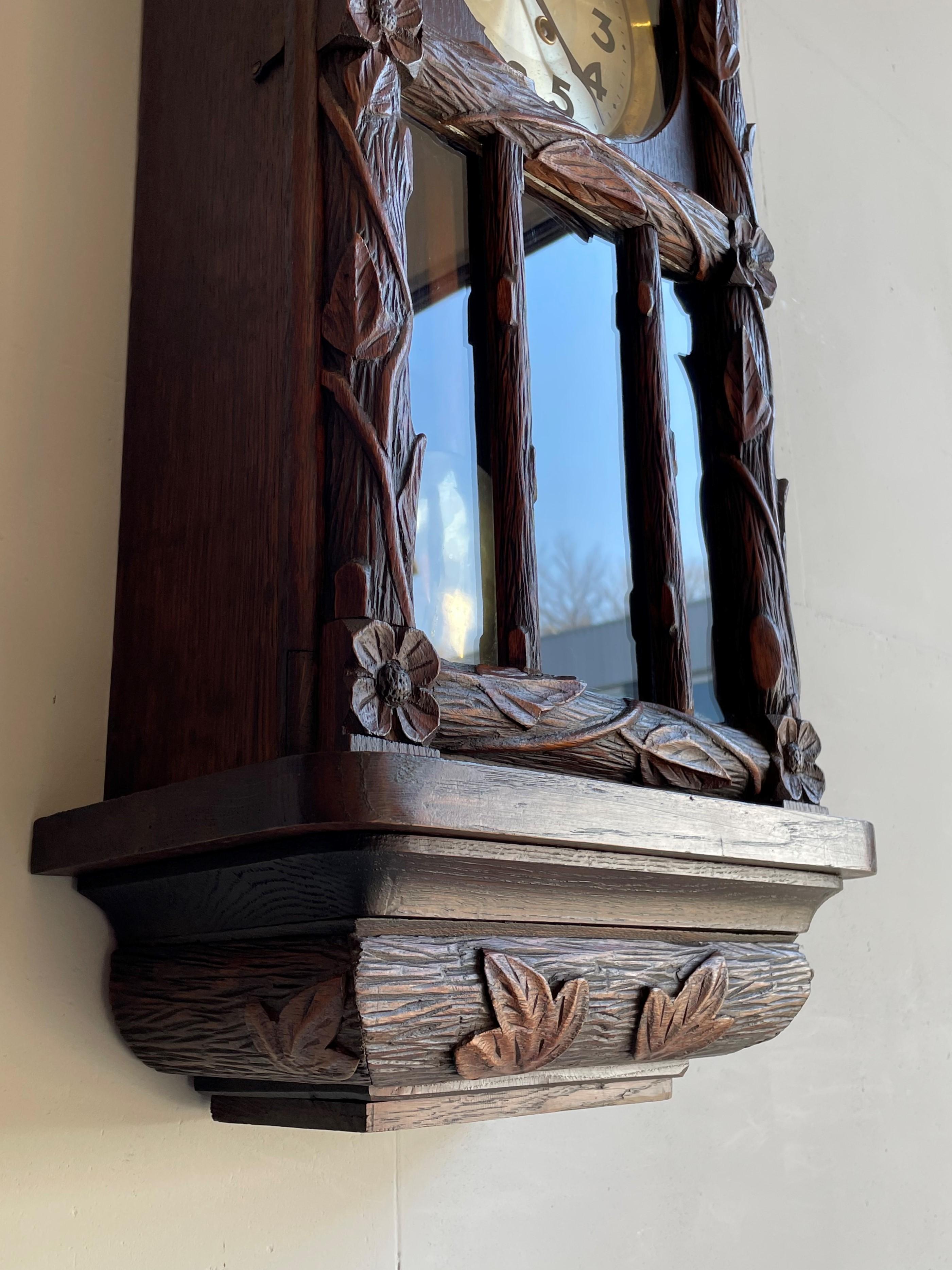 Sizable Antique & Hand-Carved Black Forest Wooden Wall Clock w. Brass Pendulum 3