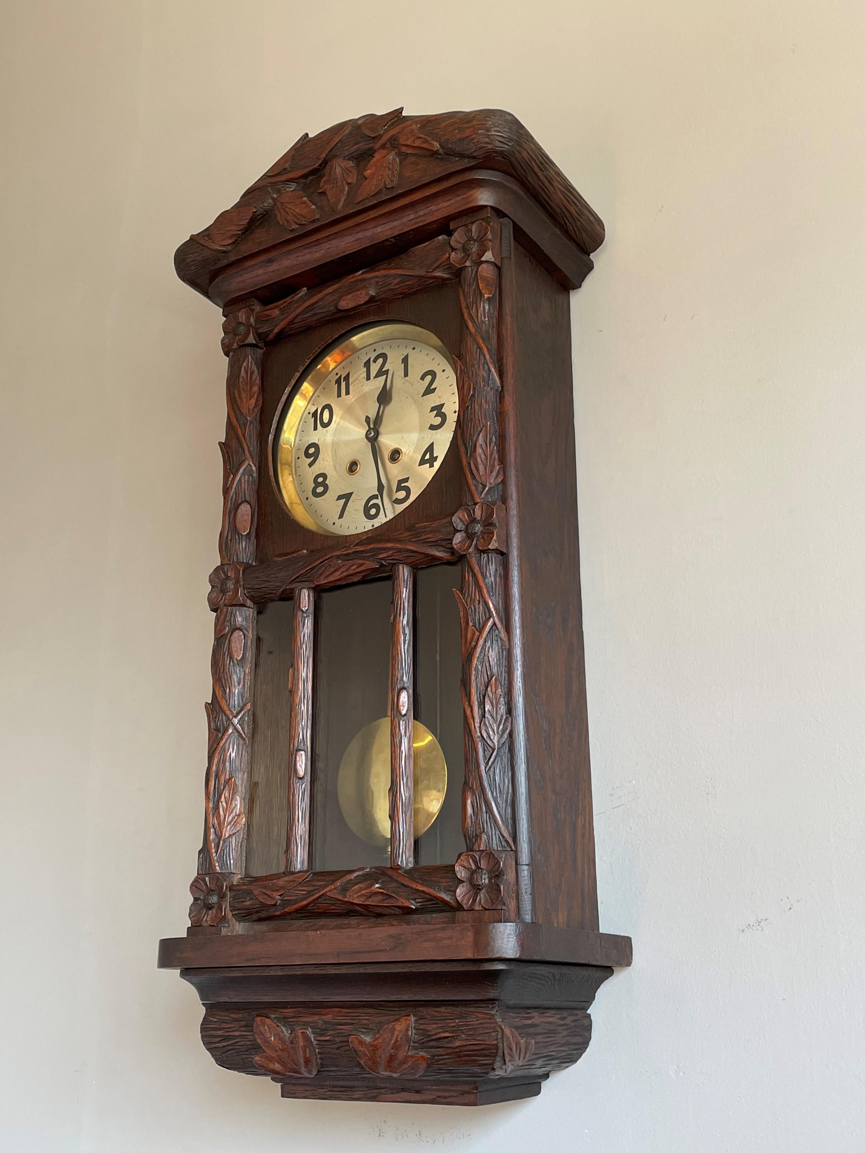 Sizable Antique & Hand-Carved Black Forest Wooden Wall Clock w. Brass Pendulum 6