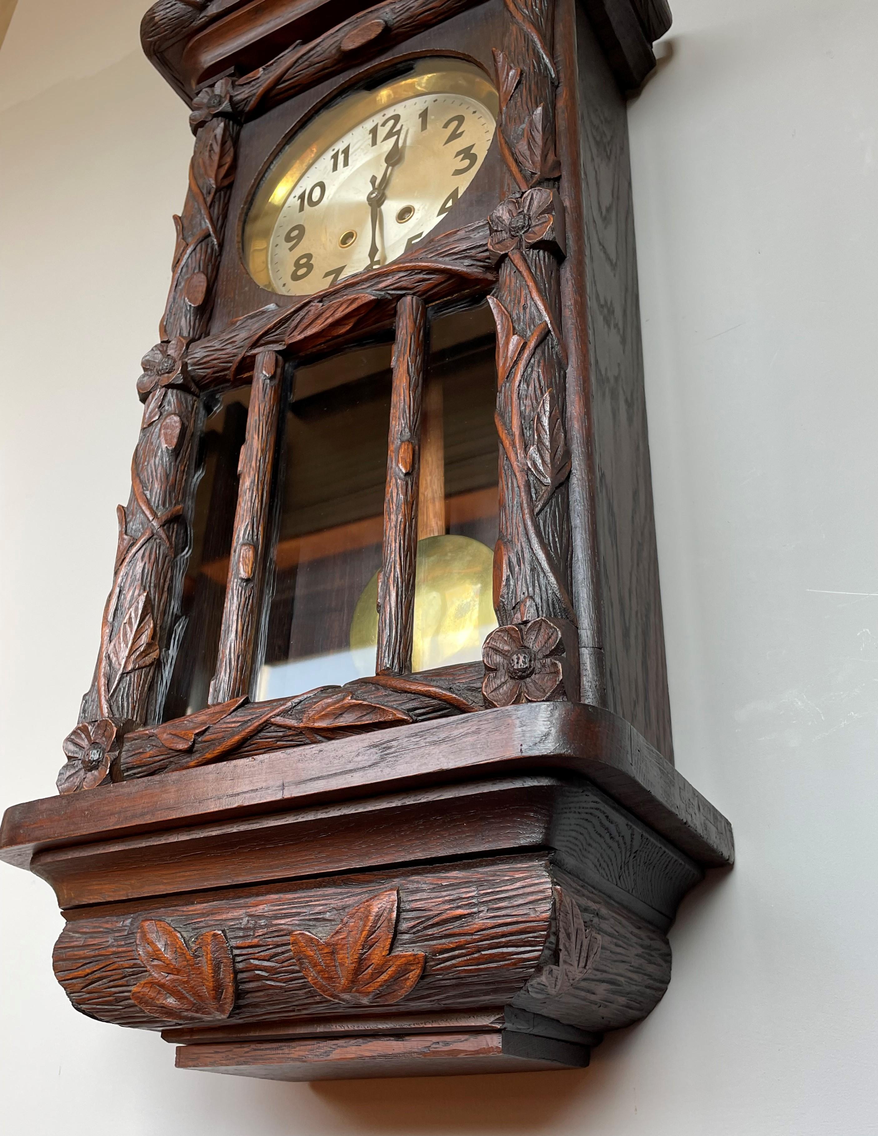 Sizable Antique & Hand-Carved Black Forest Wooden Wall Clock w. Brass Pendulum 9