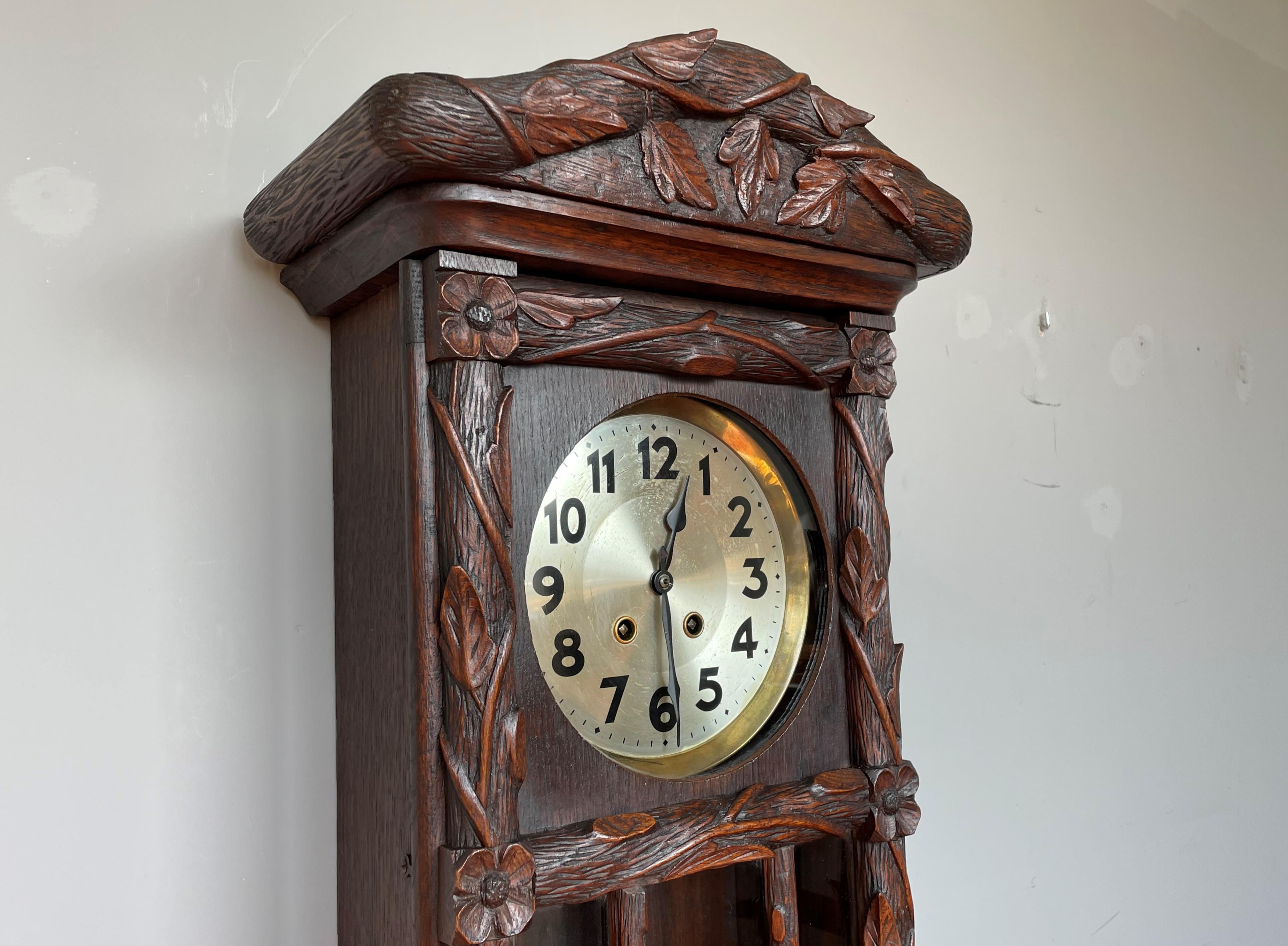 Sizable Antique & Hand-Carved Black Forest Wooden Wall Clock w. Brass Pendulum 11