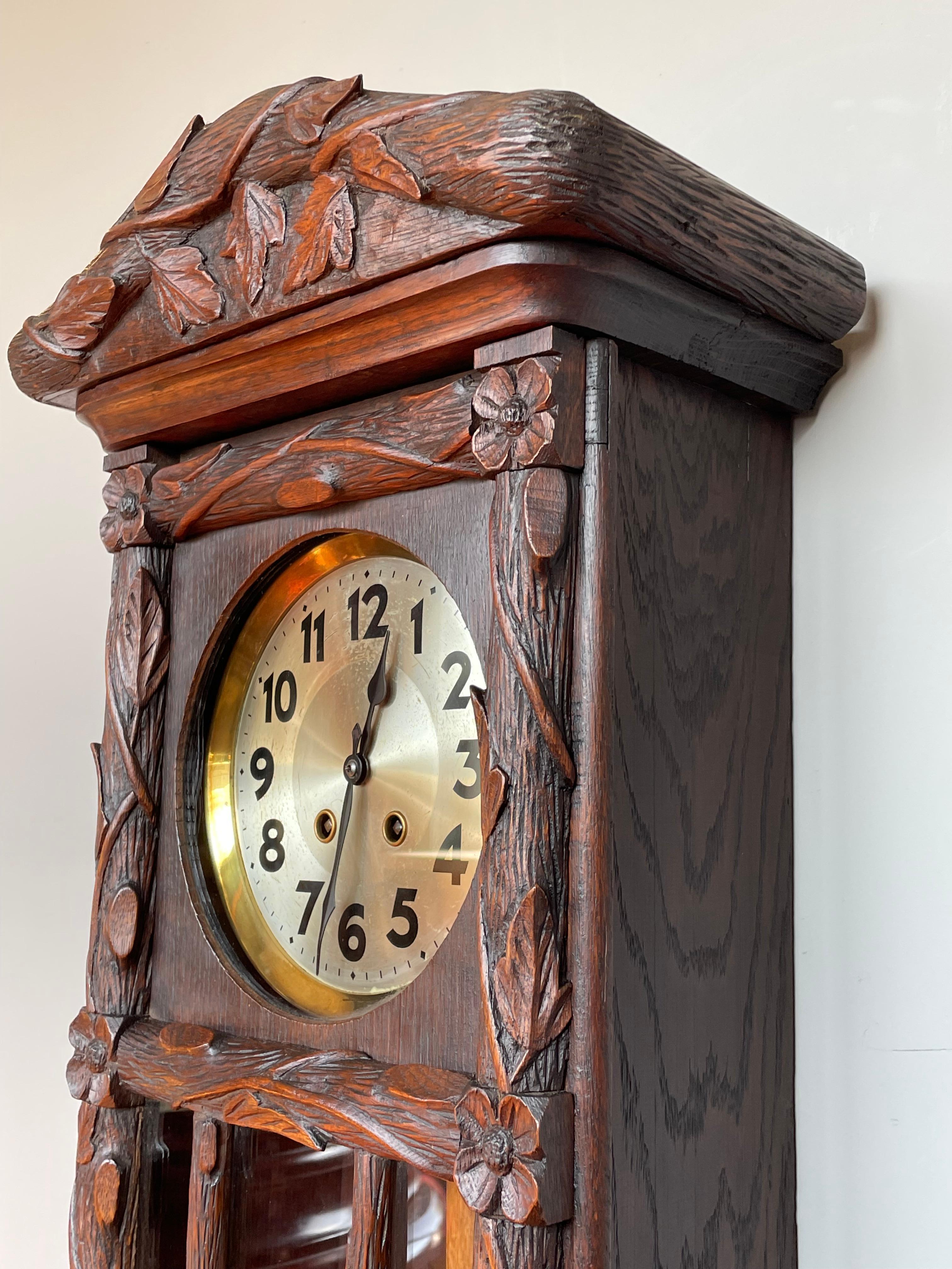 Oak Sizable Antique & Hand-Carved Black Forest Wooden Wall Clock w. Brass Pendulum