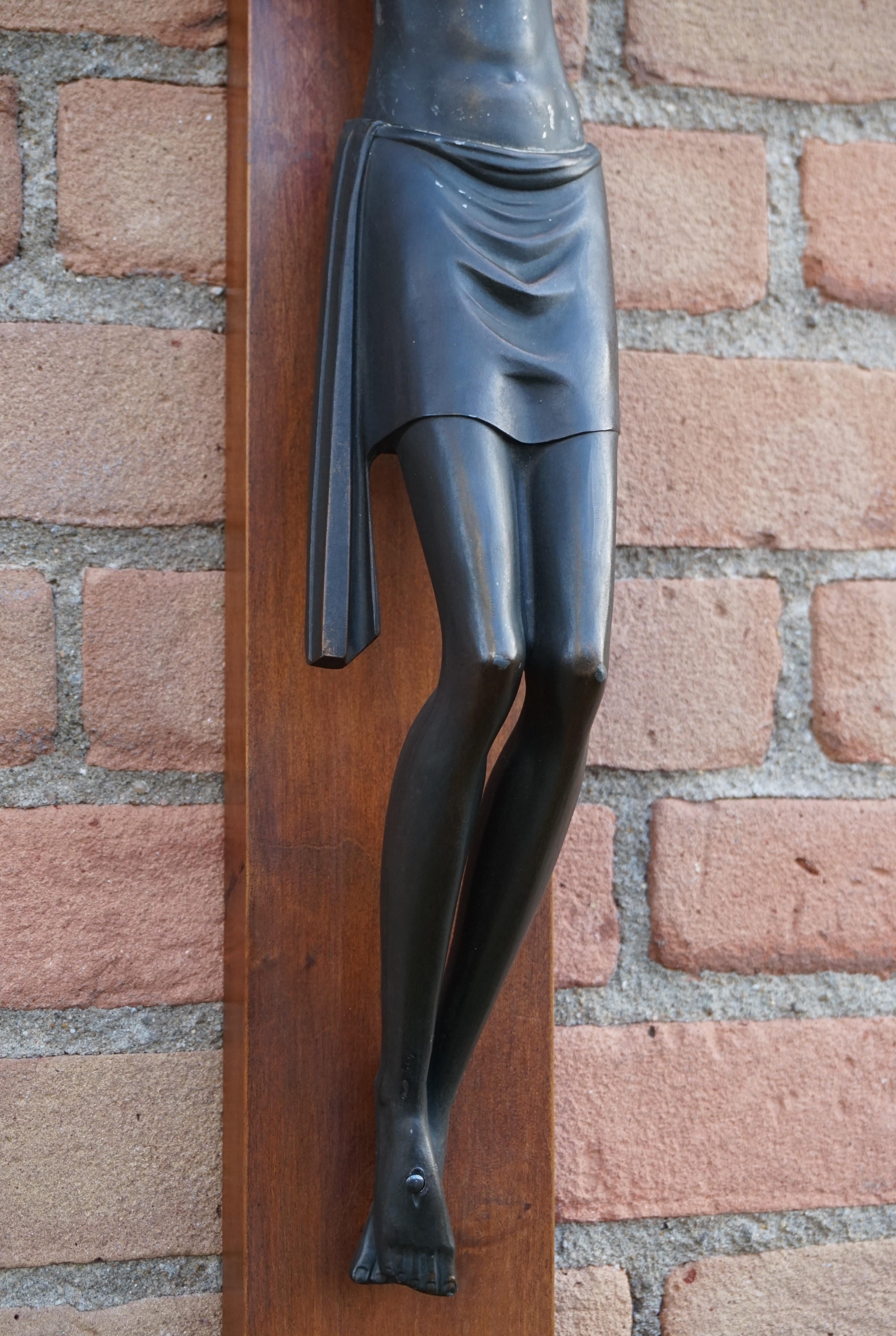 Sizable Art Deco Wall Crucifix with a Stylized and Bronzed Corpus of Christ 5
