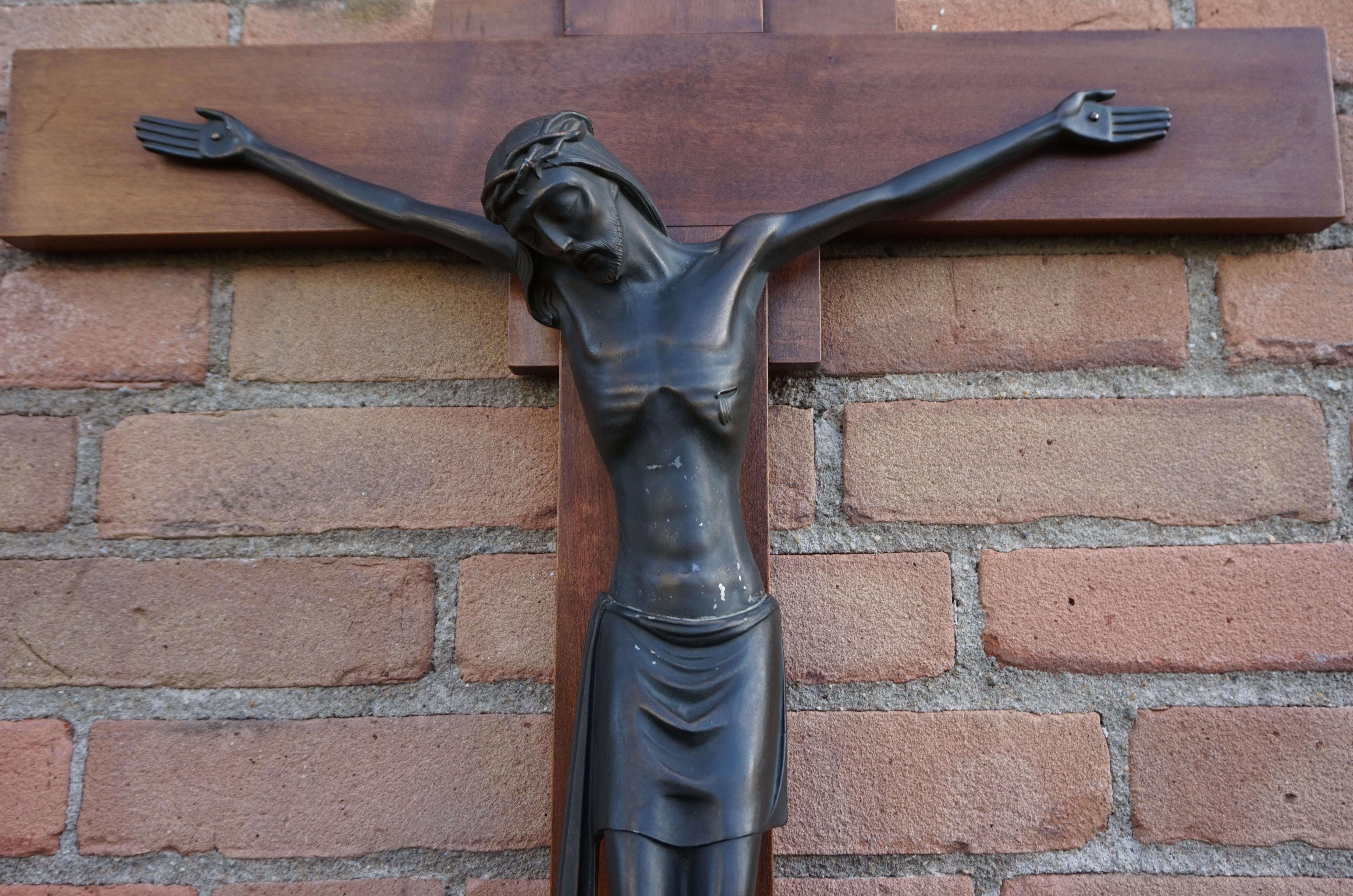 Dutch Sizable Art Deco Wall Crucifix with a Stylized and Bronzed Corpus of Christ