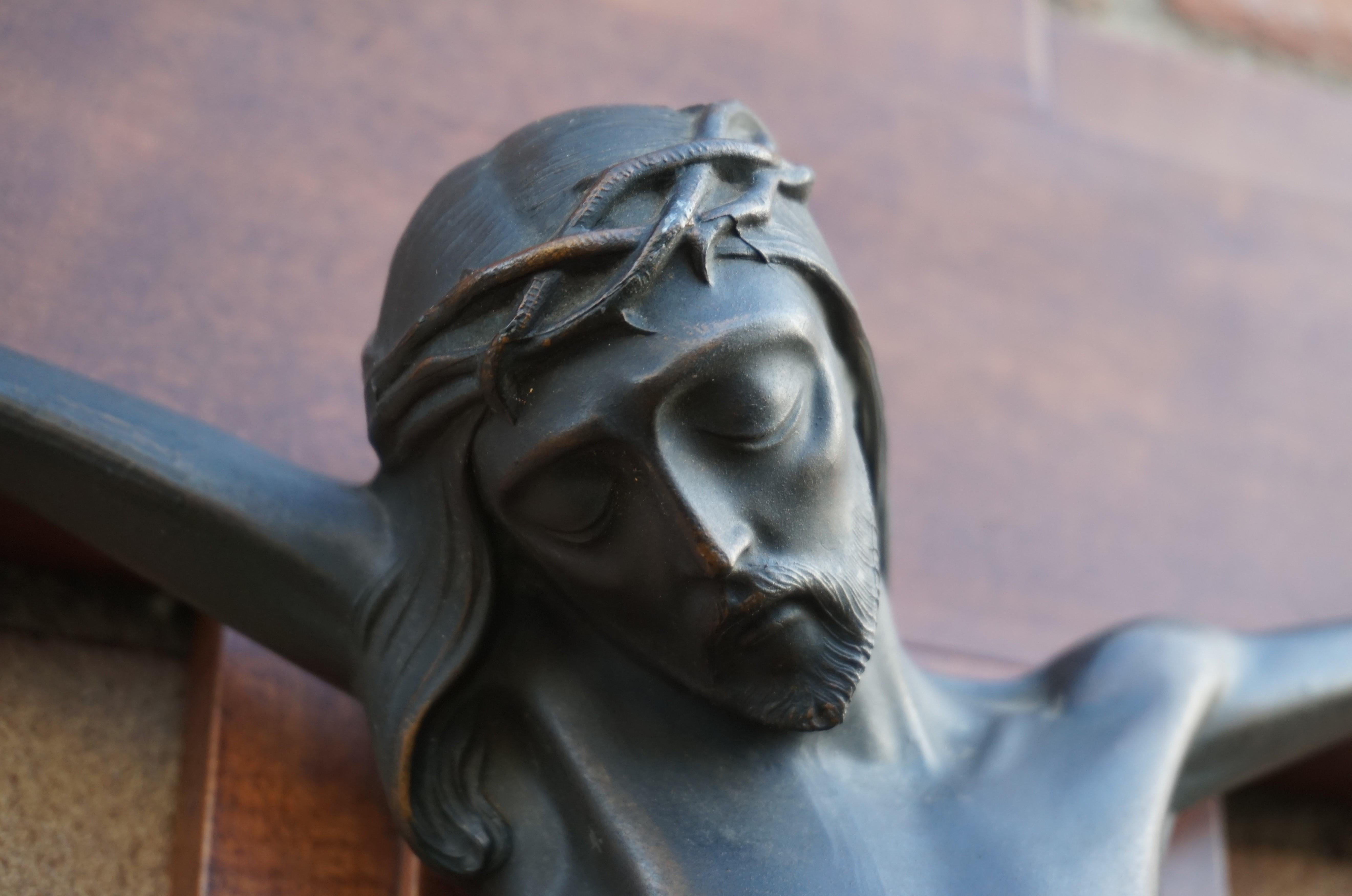 20th Century Sizable Art Deco Wall Crucifix with a Stylized and Bronzed Corpus of Christ