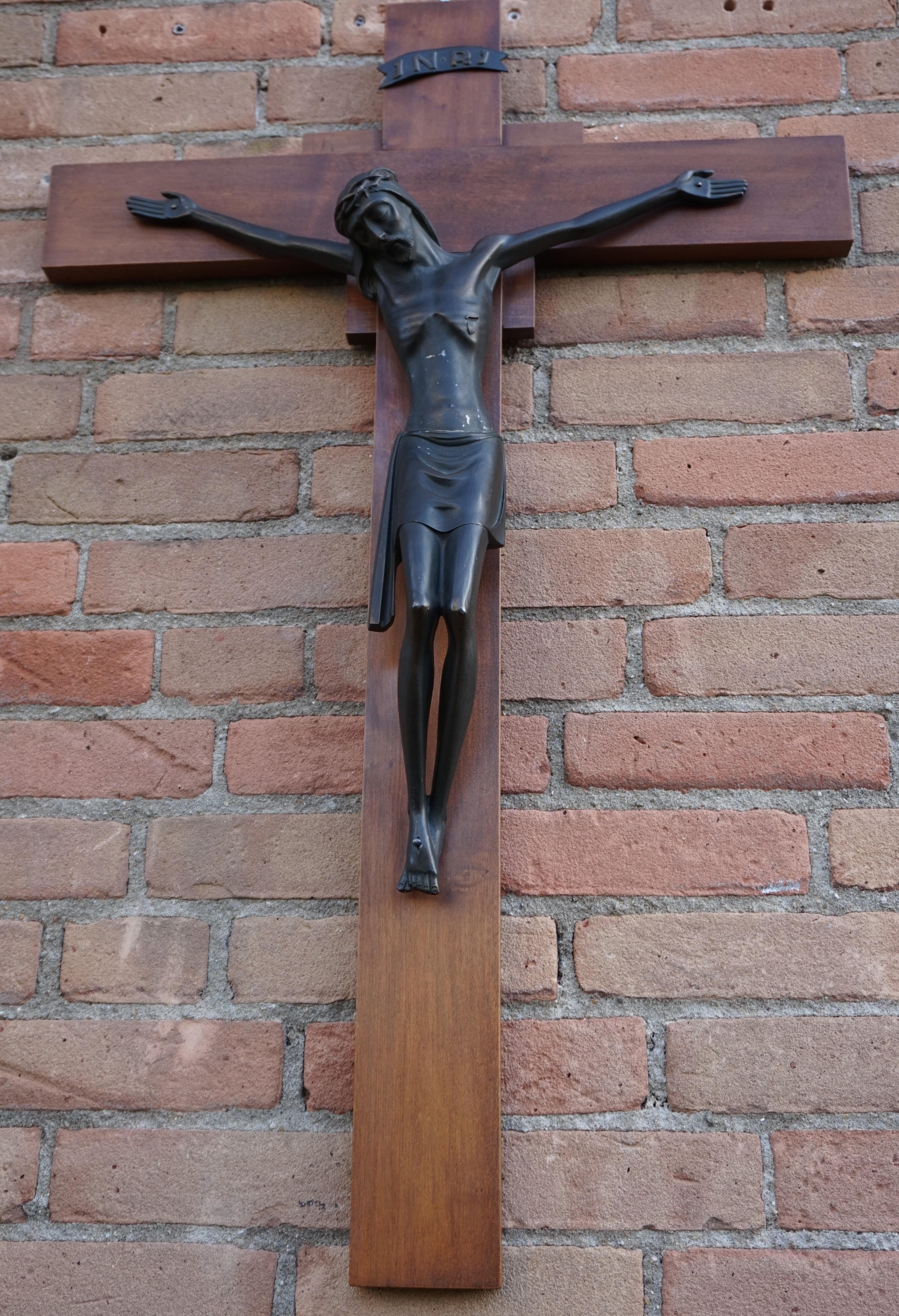 Sizable Art Deco Wall Crucifix with a Stylized and Bronzed Corpus of Christ 1