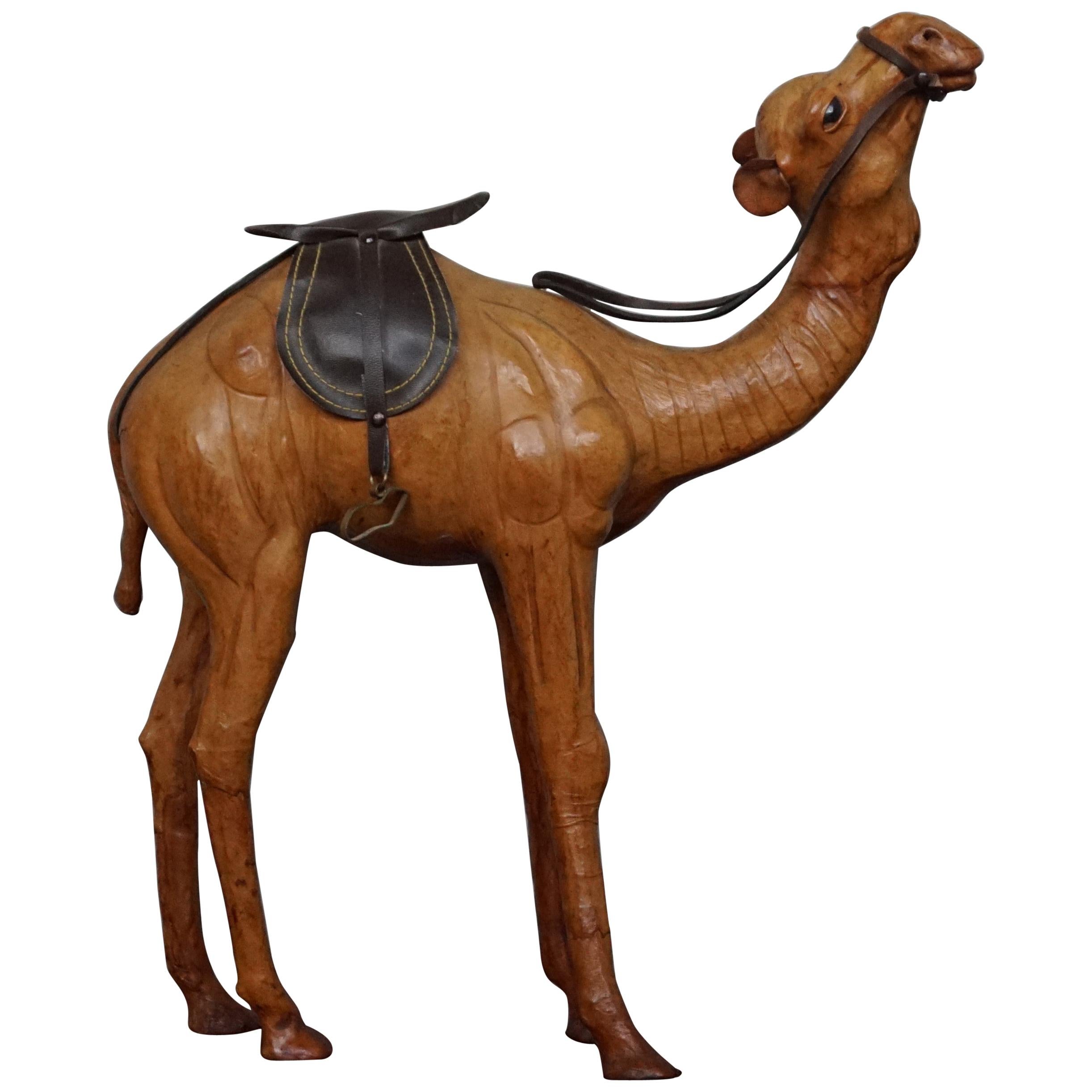 Sizable Camel Sculpture Leather on Hand Carved Wood with Harness