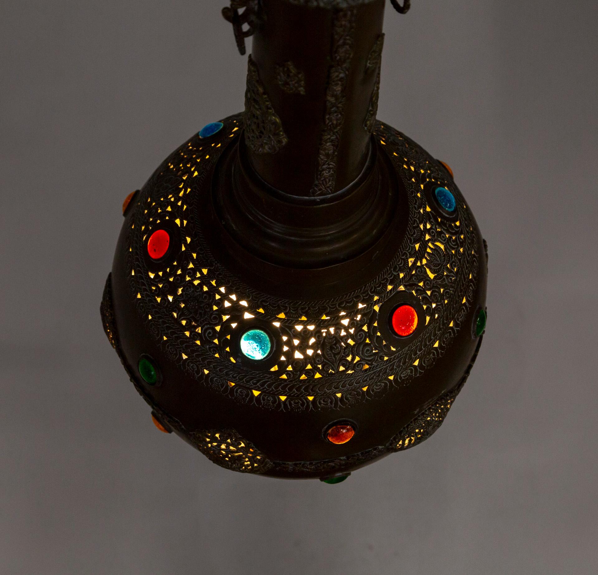 Sizable Elongated Indian Pierced Brass Pendant Light in the Form of a Gulab Pash For Sale 6