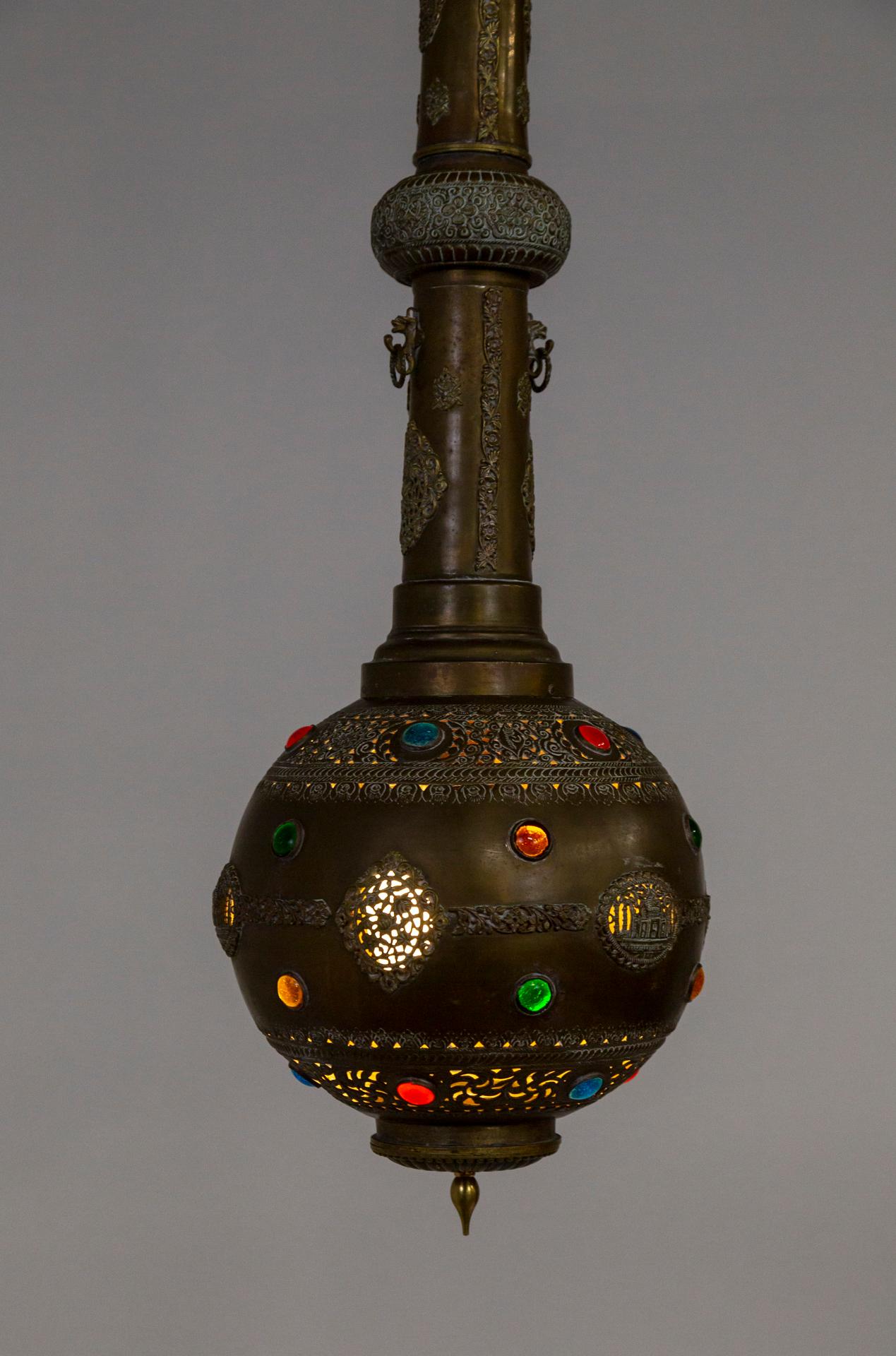 Sizable Elongated Indian Pierced Brass Pendant Light in the Form of a Gulab Pash In Good Condition For Sale In San Francisco, CA