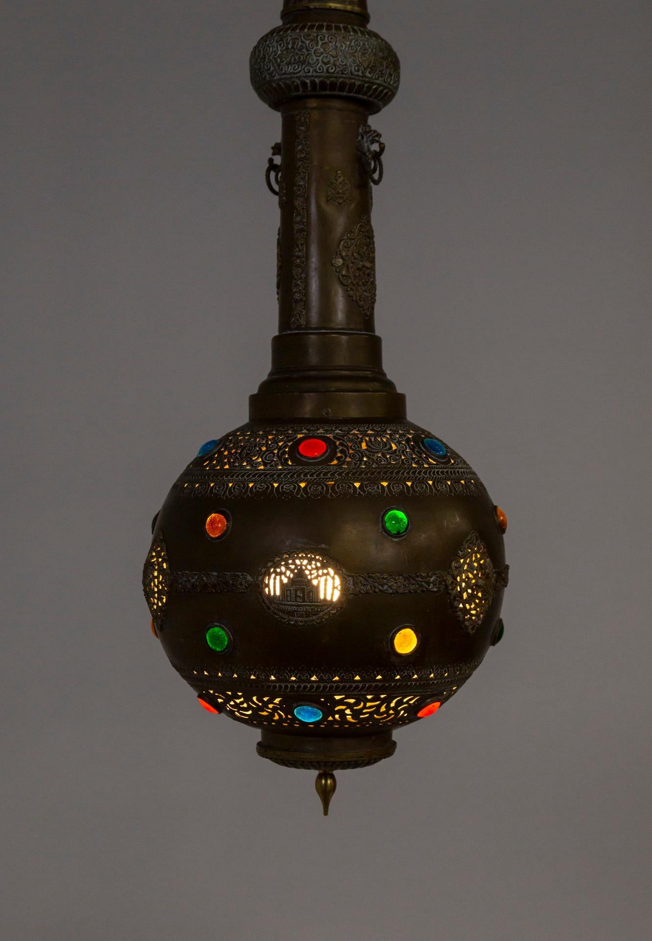 Early 20th Century Sizable Elongated Indian Pierced Brass Pendant Light in the Form of a Gulab Pash For Sale