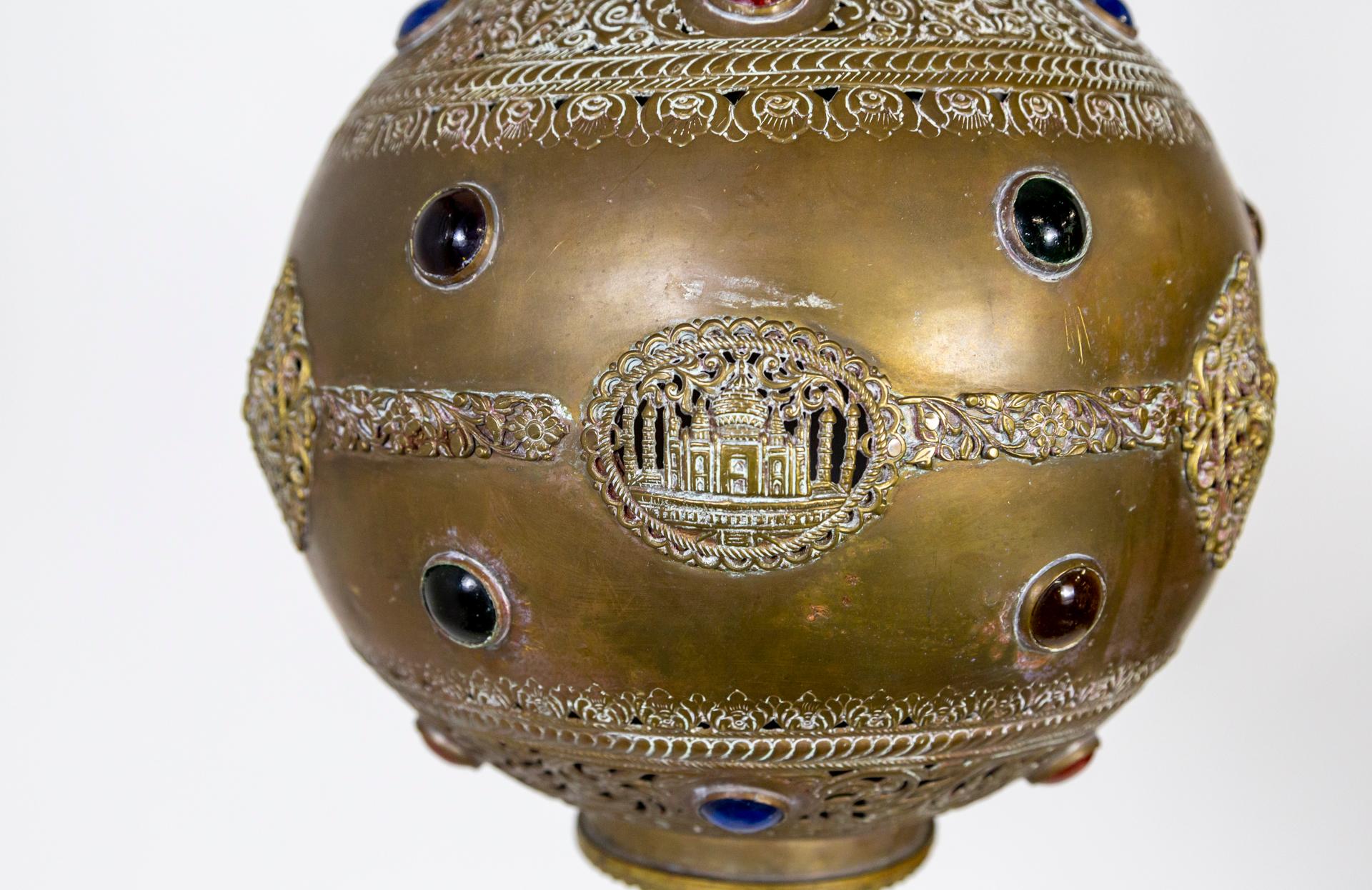 Sizable Elongated Indian Pierced Brass Pendant Light in the Form of a Gulab Pash For Sale 1