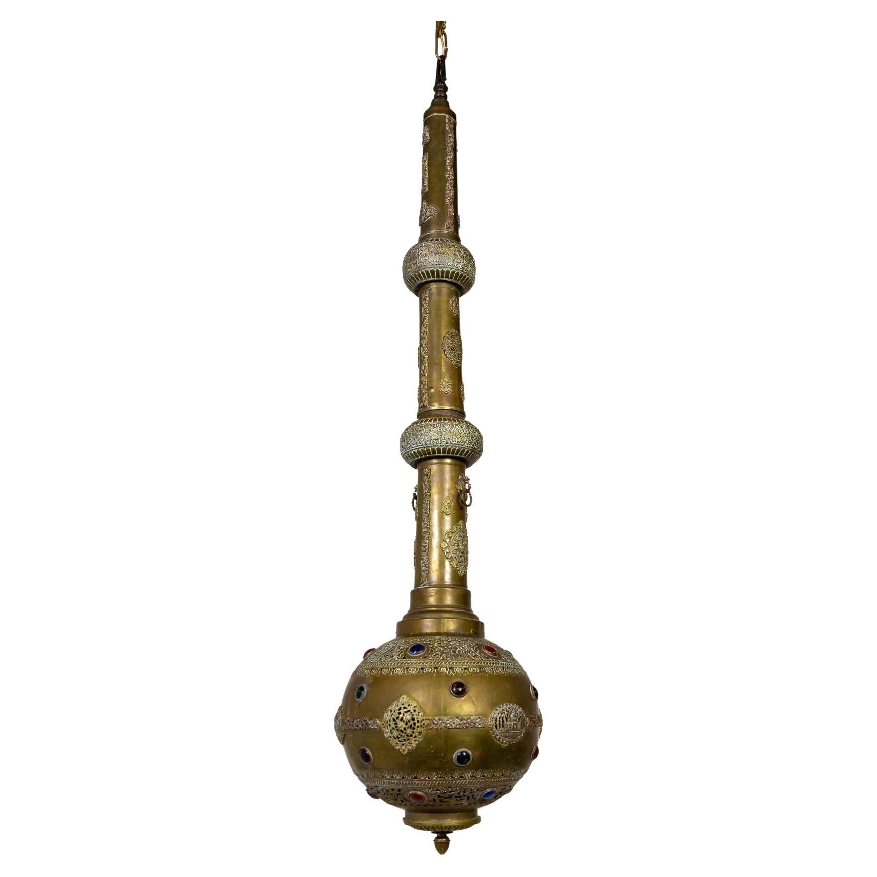 Sizable Elongated Indian Pierced Brass Pendant Light in the Form of a Gulab Pash For Sale