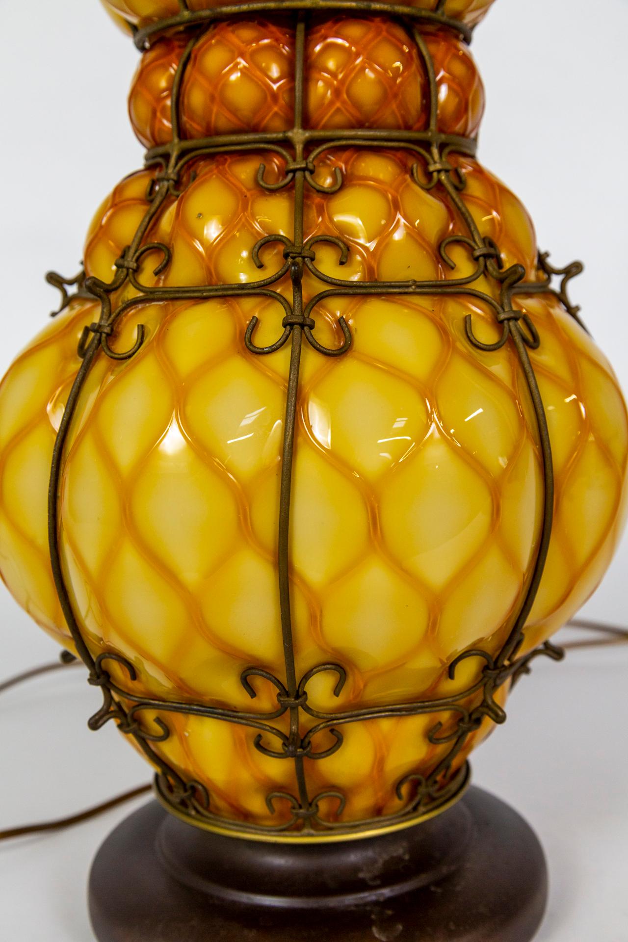 Sizable MidCentury Apricot-Yellow Caged Glass Marbro Lamp w/ Inner Light For Sale 4