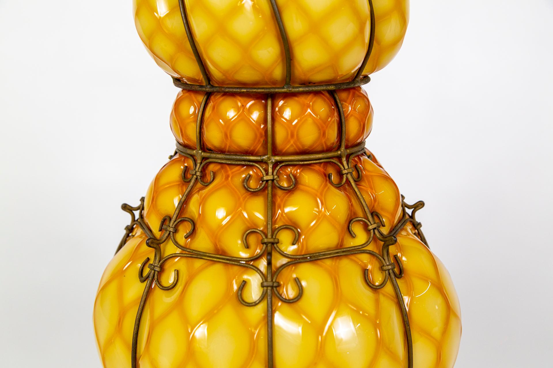 Sizable MidCentury Apricot-Yellow Caged Glass Marbro Lamp w/ Inner Light In Good Condition For Sale In San Francisco, CA