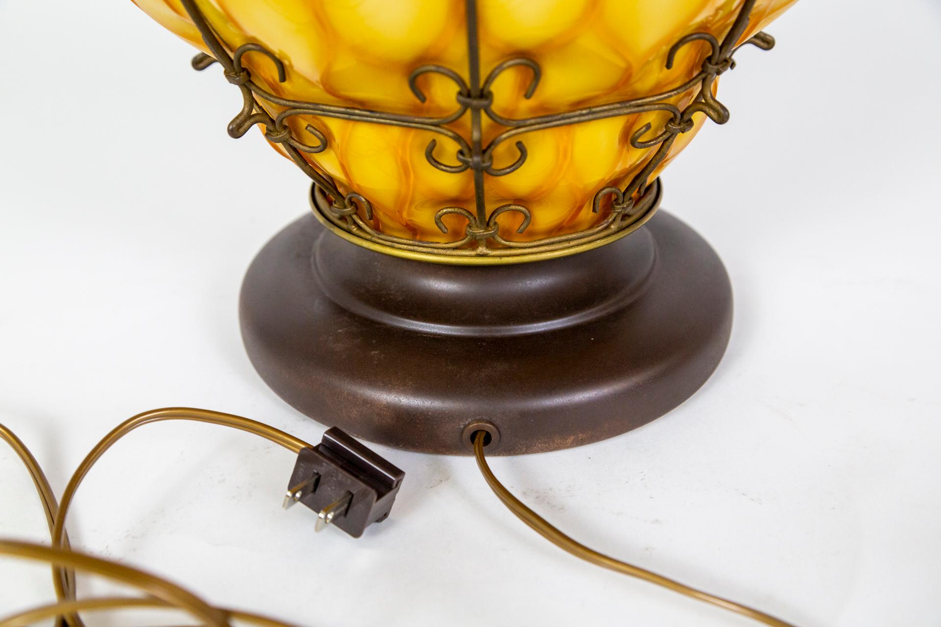 Brass Sizable MidCentury Apricot-Yellow Caged Glass Marbro Lamp w/ Inner Light For Sale