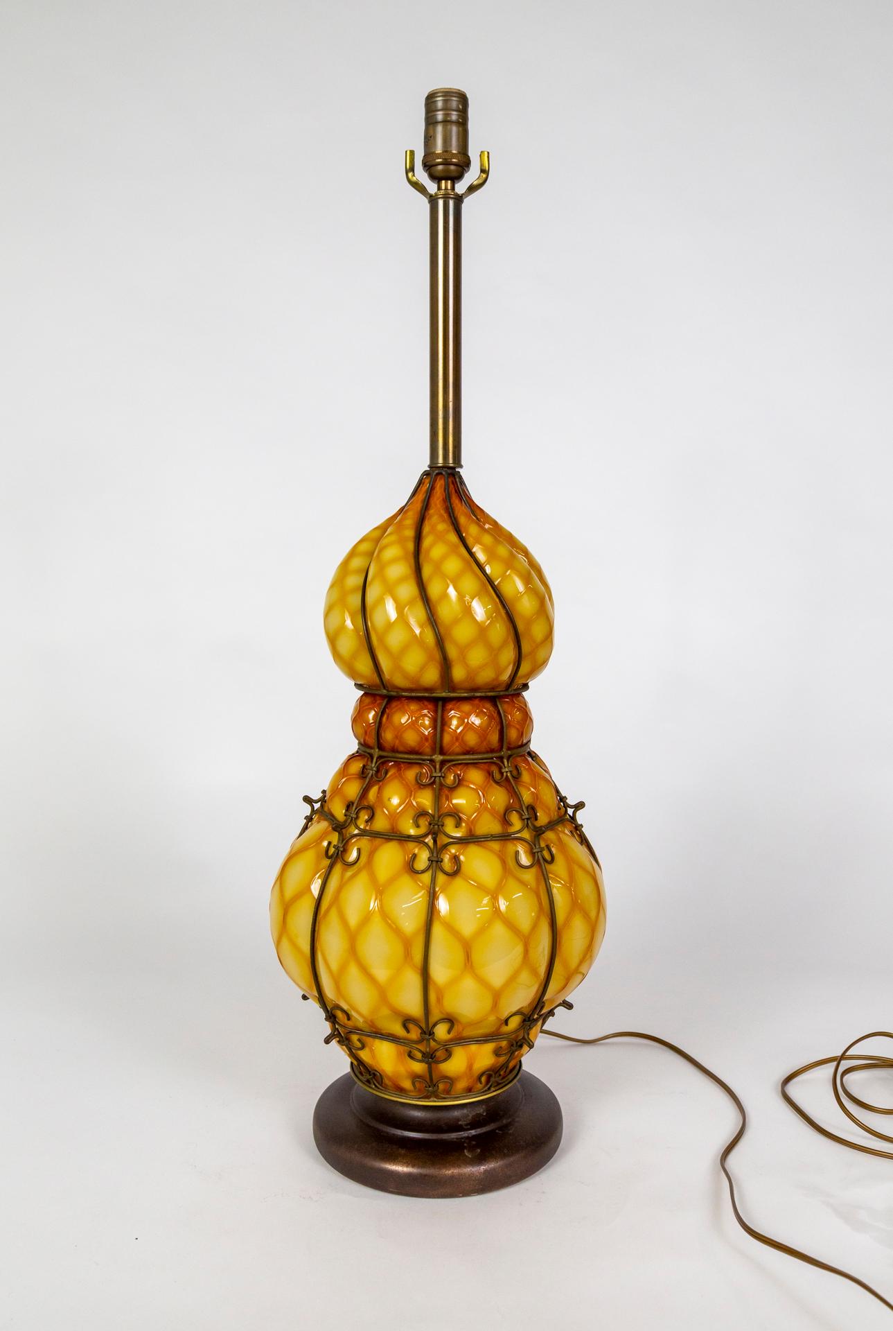 Sizable MidCentury Apricot-Yellow Caged Glass Marbro Lamp w/ Inner Light For Sale 2