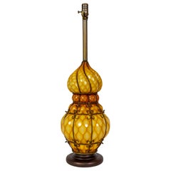 Sizable MidCentury Apricot-Yellow Caged Glass Marbro Lamp w/ Inner Light