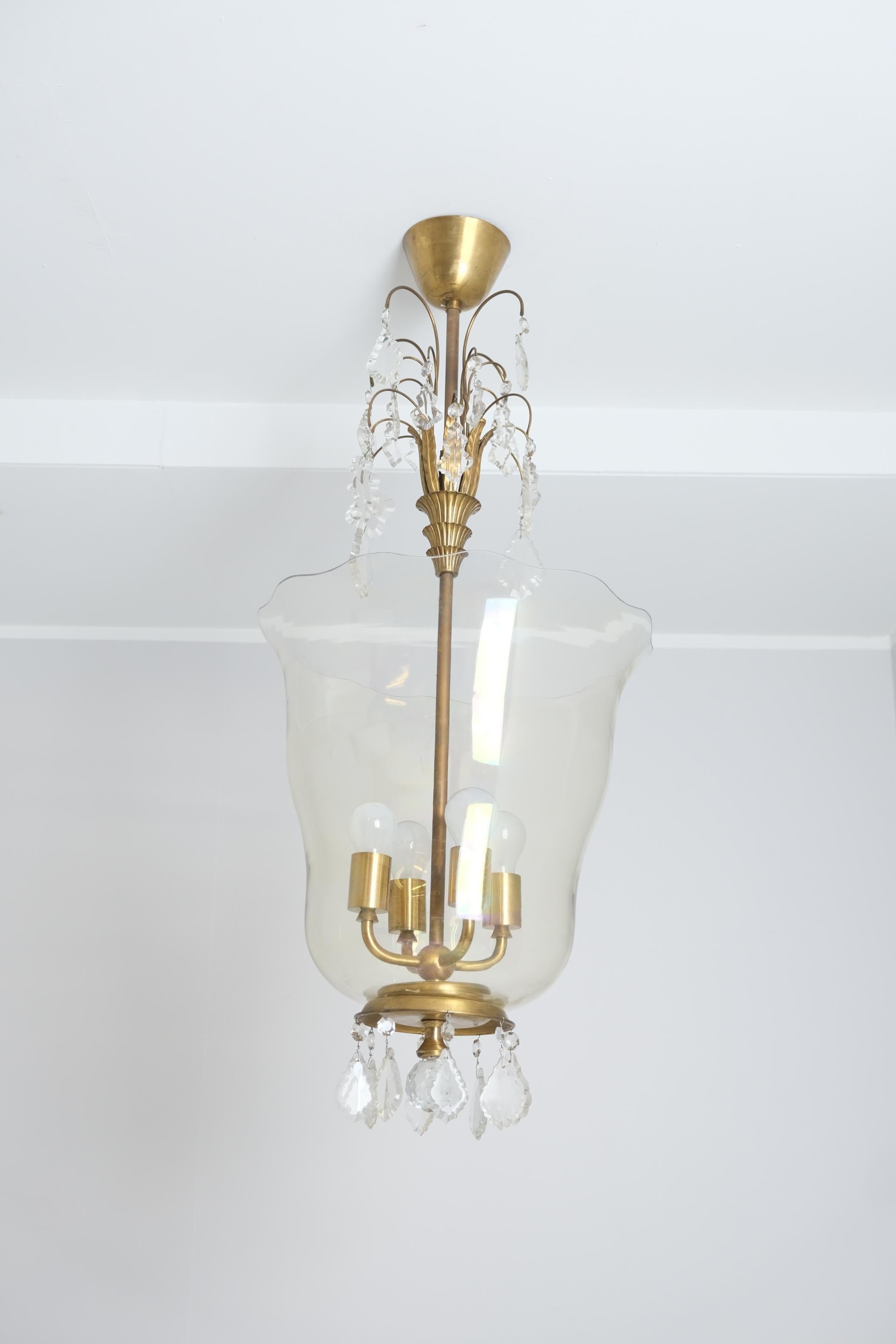 Finnish Sizable Paavo Tynell & Gunnel Nyman Chandelier in Brass & Art Glass, Taito 1930s For Sale