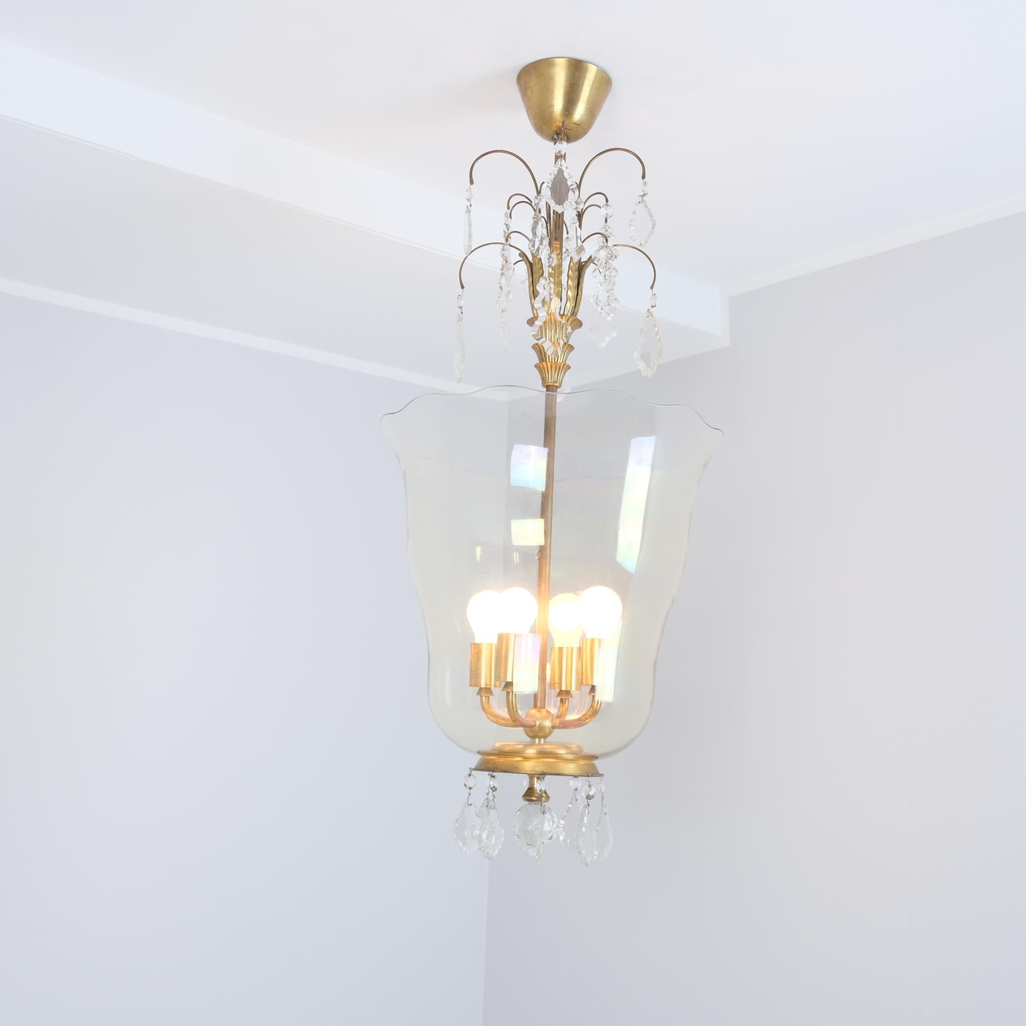 Mid-20th Century Sizable Paavo Tynell & Gunnel Nyman Chandelier in Brass & Art Glass, Taito 1930s For Sale
