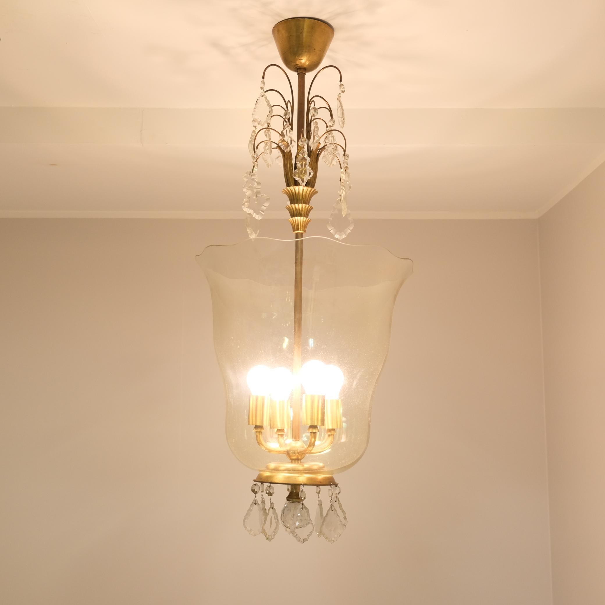 Sizable Paavo Tynell & Gunnel Nyman Chandelier in Brass & Art Glass, Taito 1930s For Sale 2