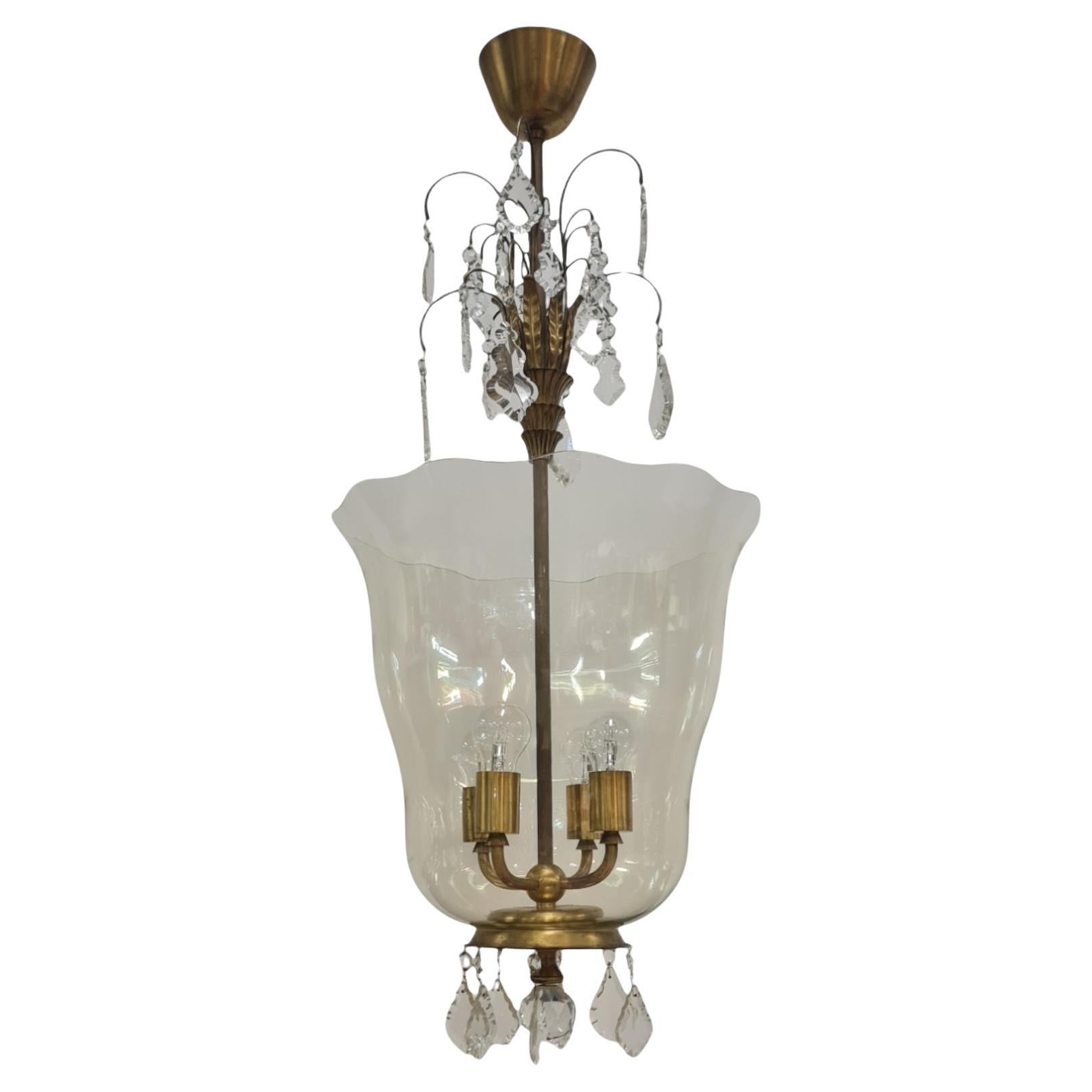 Sizable Paavo Tynell & Gunnel Nyman Chandelier in Brass & Art Glass, Taito 1930s