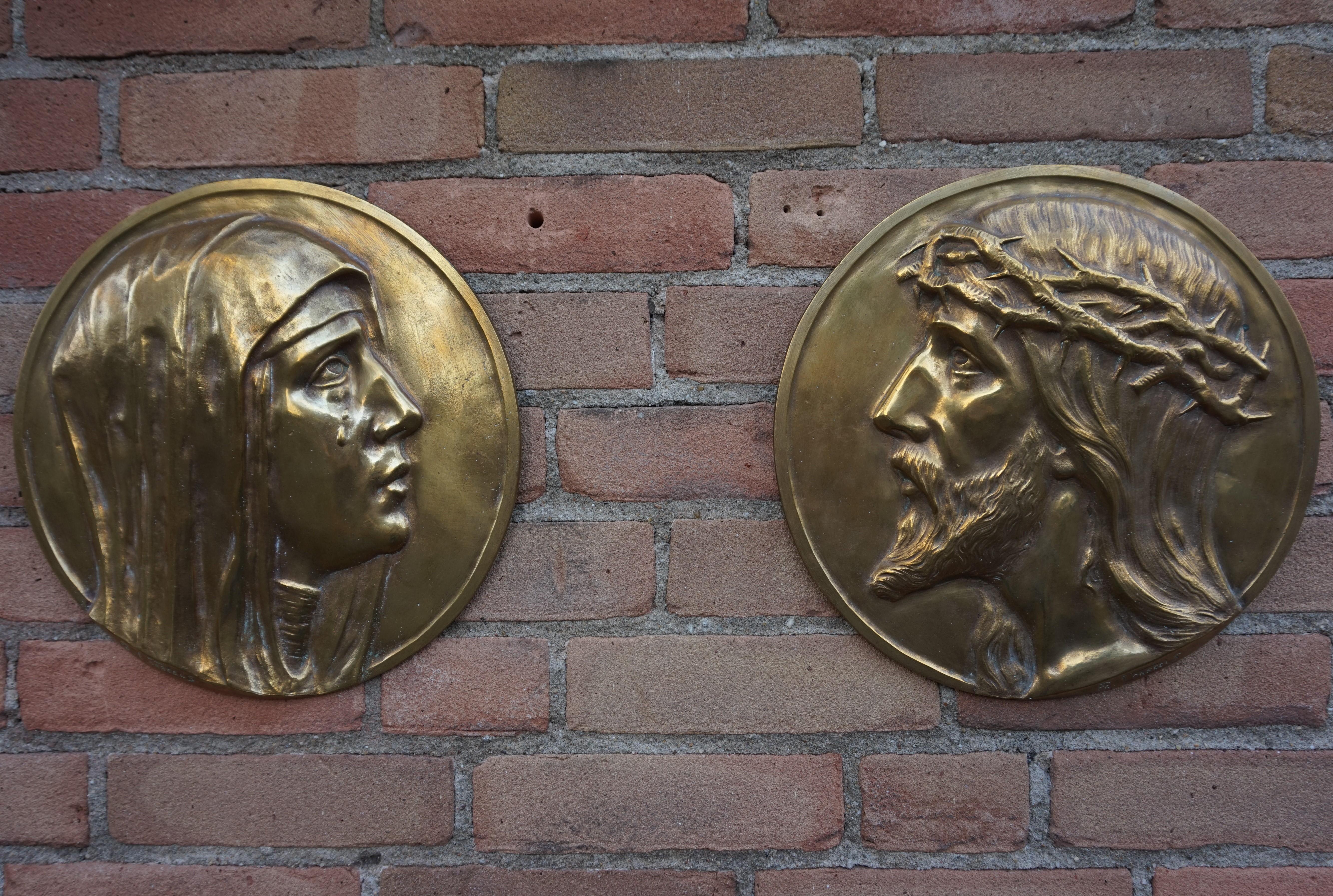 Sizable Pair of Jesus & Mary Bronze Wall Plaque Sculptures by Francis Corbeels For Sale 4
