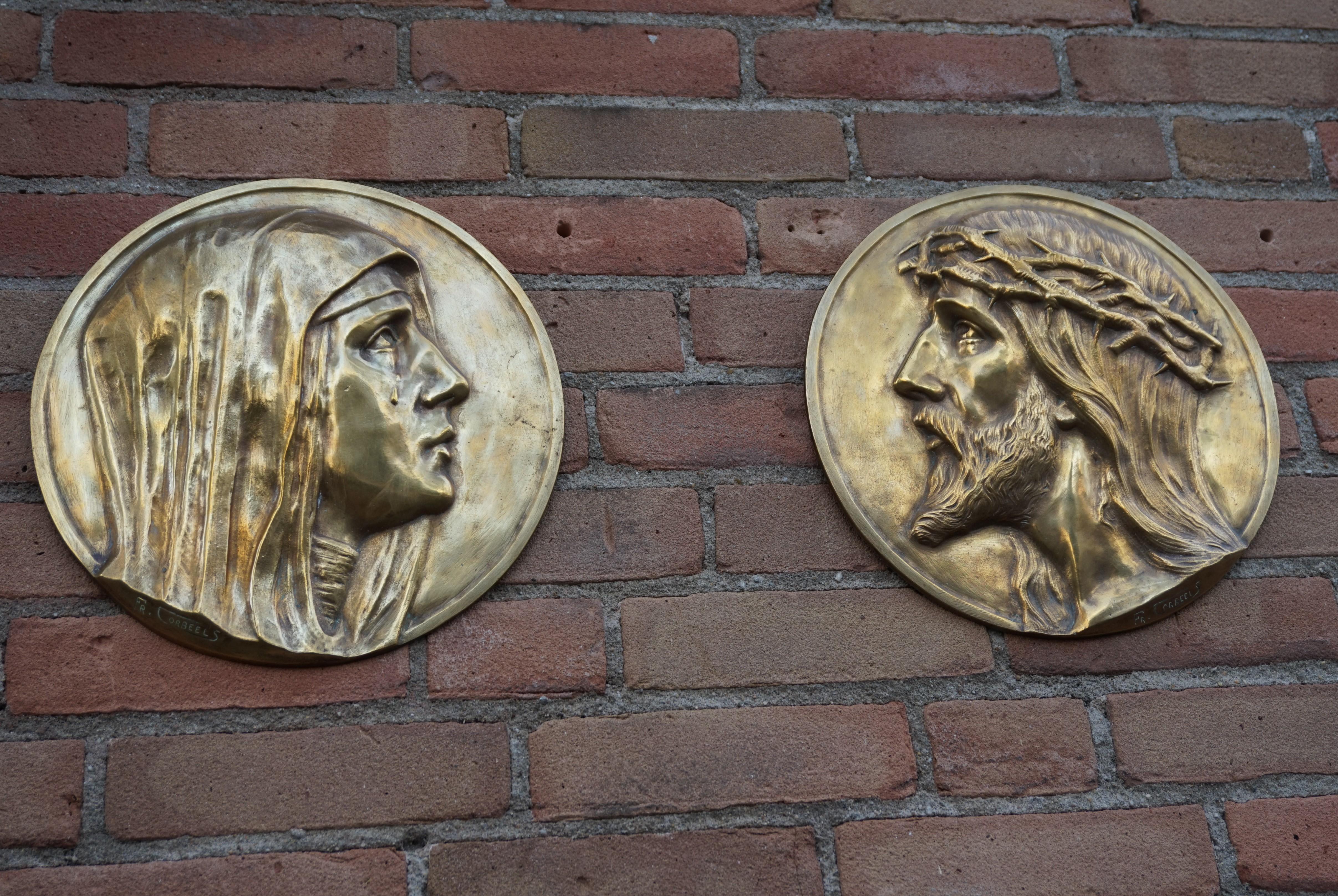 Sizable Pair of Jesus & Mary Bronze Wall Plaque Sculptures by Francis Corbeels For Sale 10