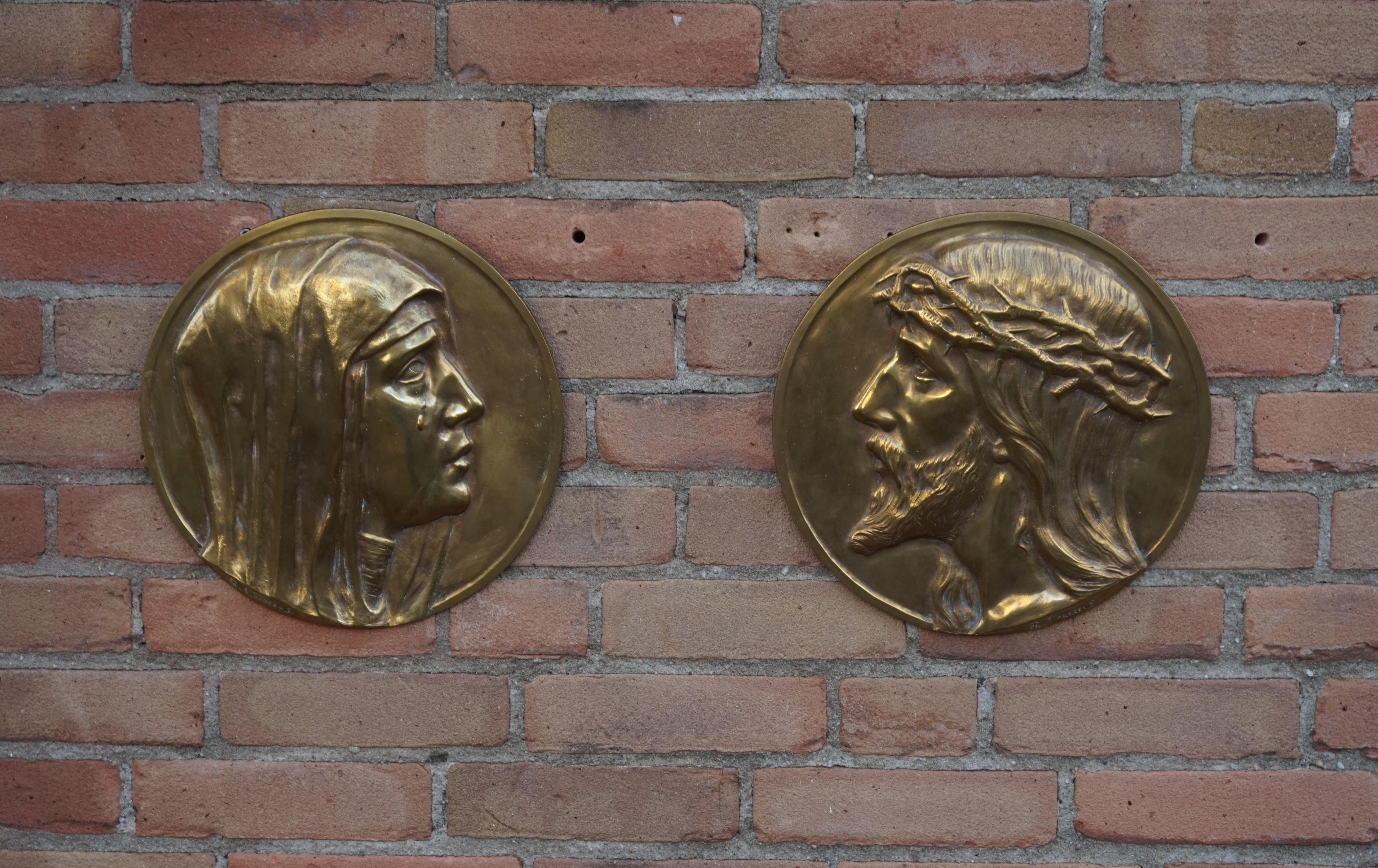 Art Deco Sizable Pair of Jesus & Mary Bronze Wall Plaque Sculptures by Francis Corbeels For Sale
