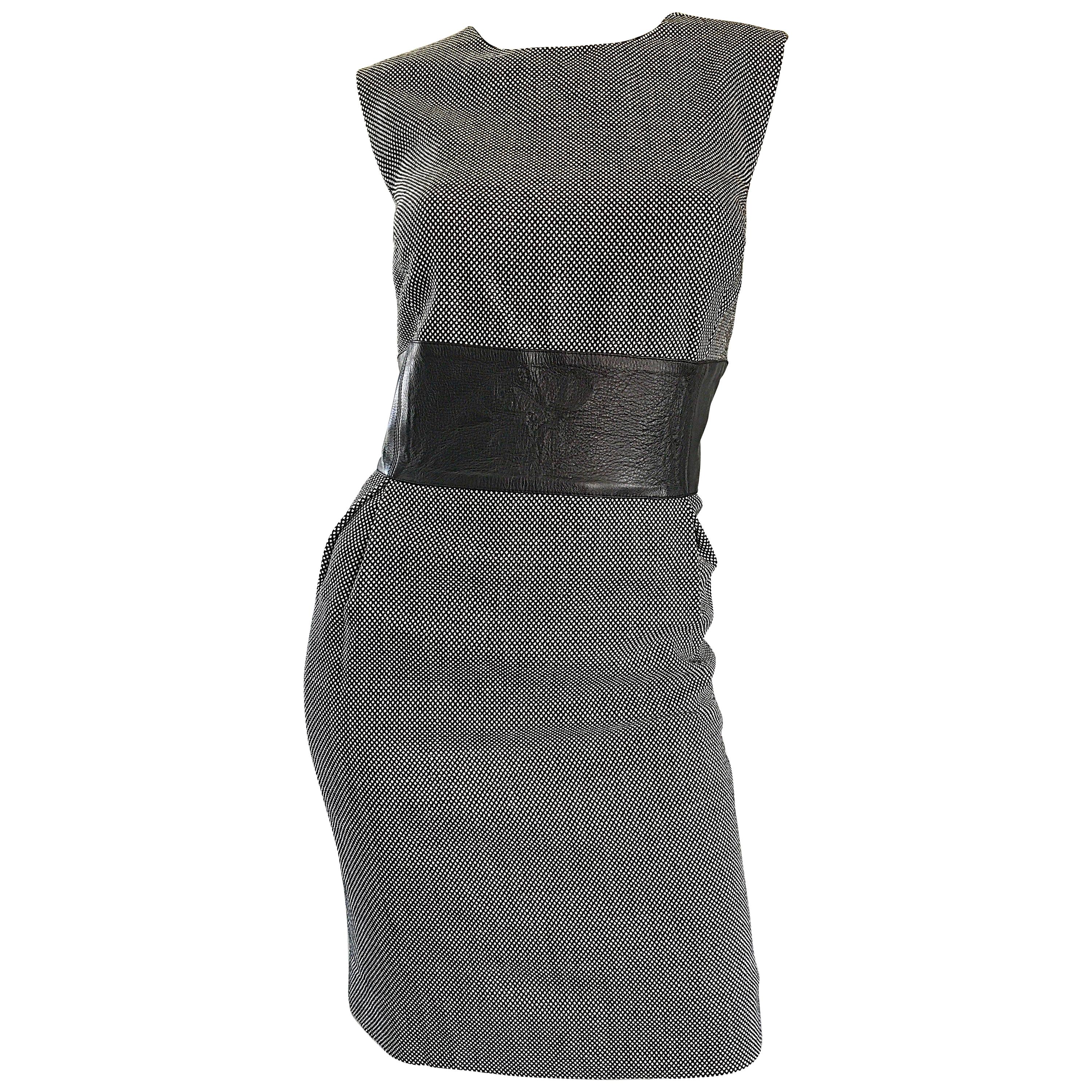 Size 12 14 New Michael Kors Collection BlackWhite Wool + Leather Classic Dress For Sale