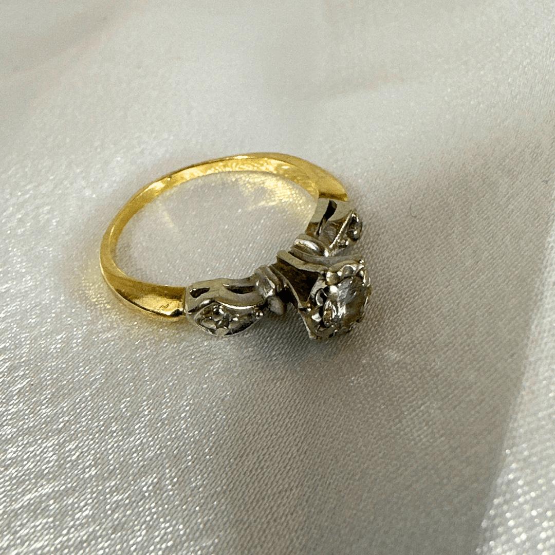 Art Deco Size 6 - Cute 14K Yellow Gold With White Gold Accent & Diamond Antique Ring For Sale