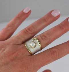 Custom YC Fine Silver Artisan Ring with Pearl Diamond and 24 Karat Gold