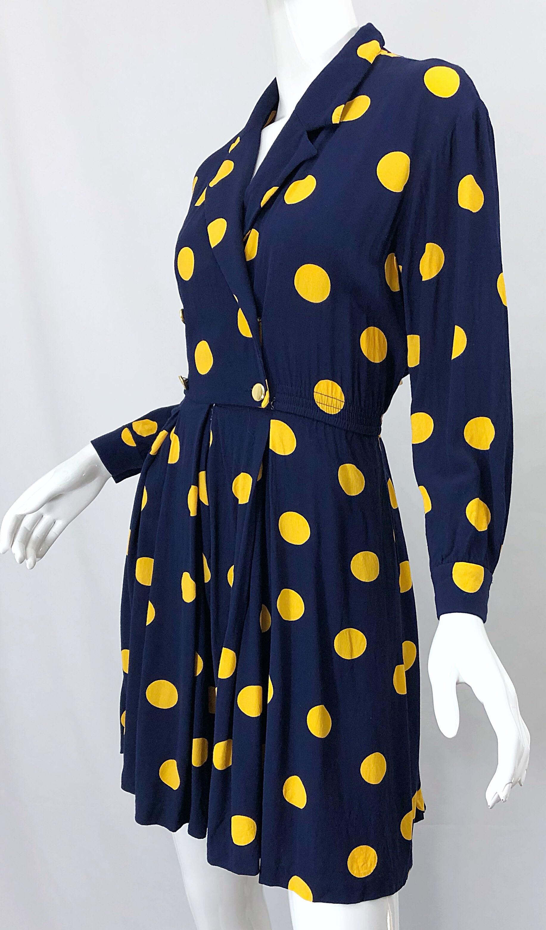 Size 8 Romper Late 1980s Navy Blue and Yellow Polka Dot 80s Vintage Romper 3