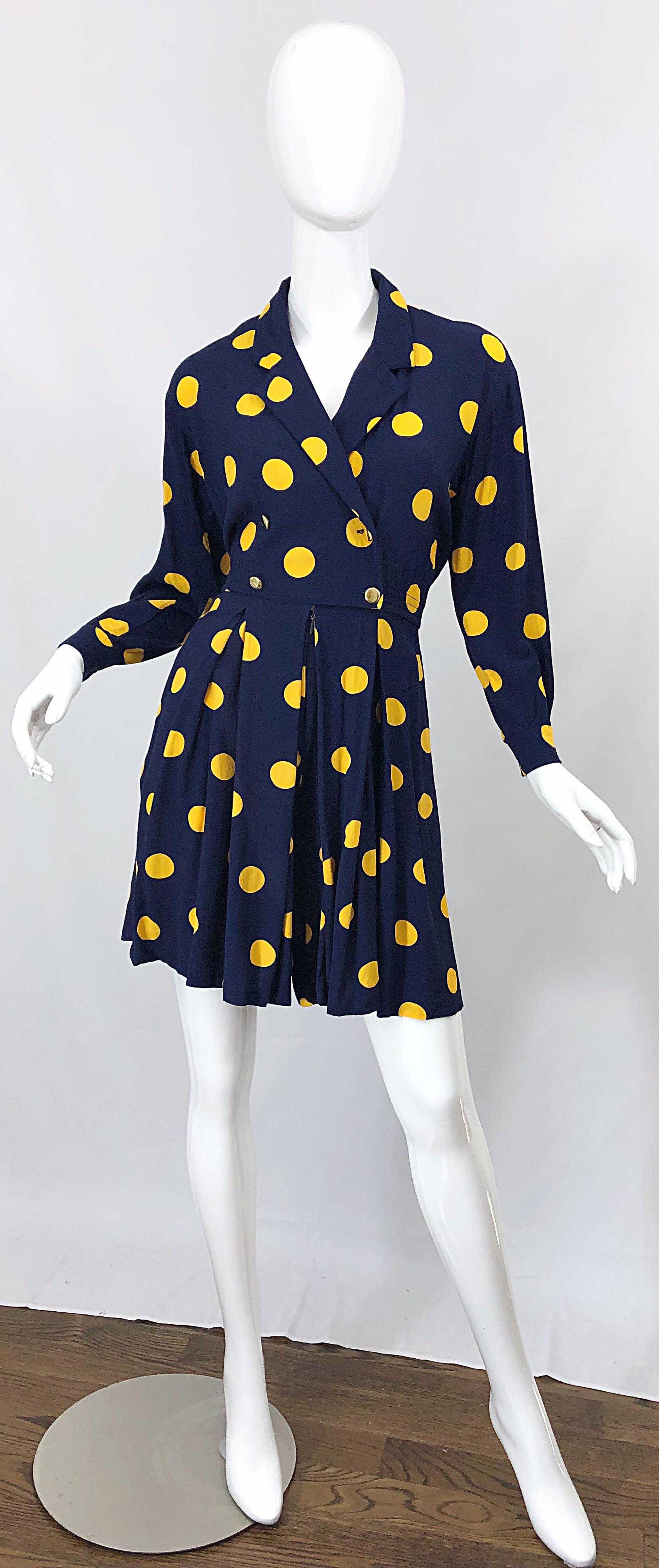Size 8 Romper Late 1980s Navy Blue and Yellow Polka Dot 80s Vintage Romper 5