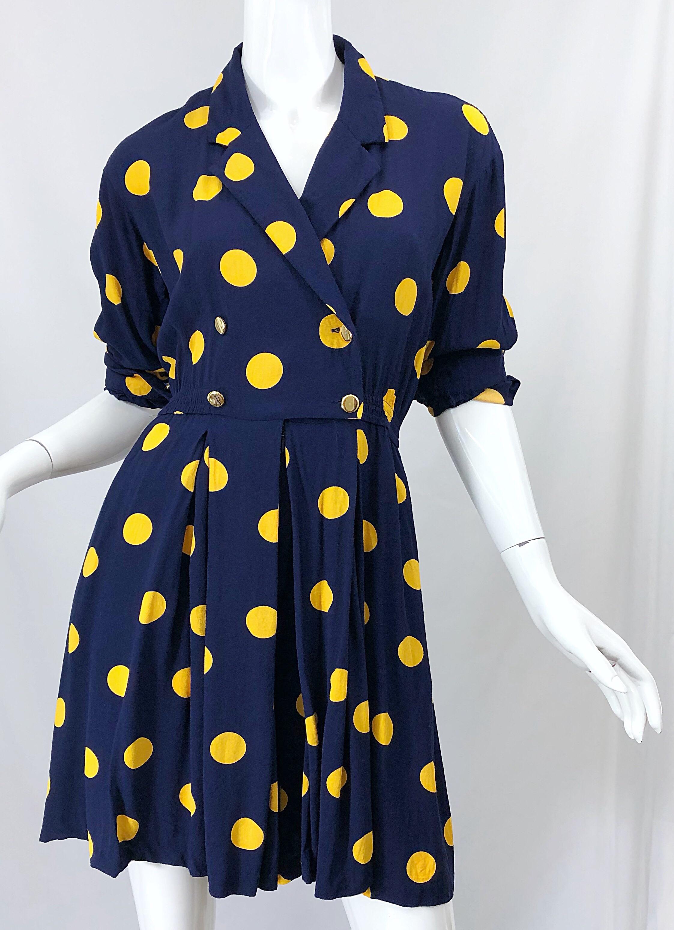 Size 8 Romper Late 1980s Navy Blue and Yellow Polka Dot 80s Vintage Romper 6