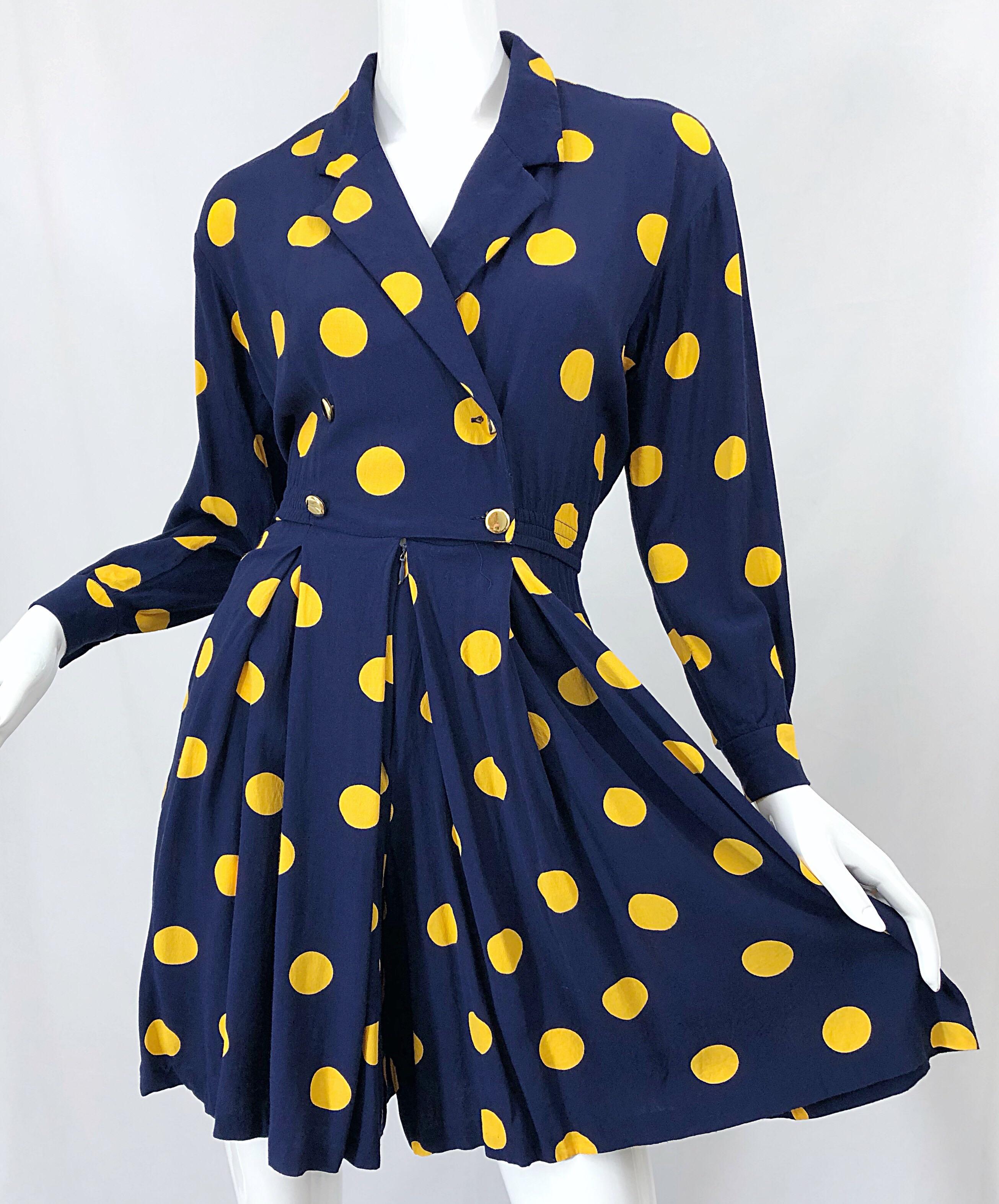 Size 8 Romper Late 1980s Navy Blue and Yellow Polka Dot 80s Vintage Romper 9