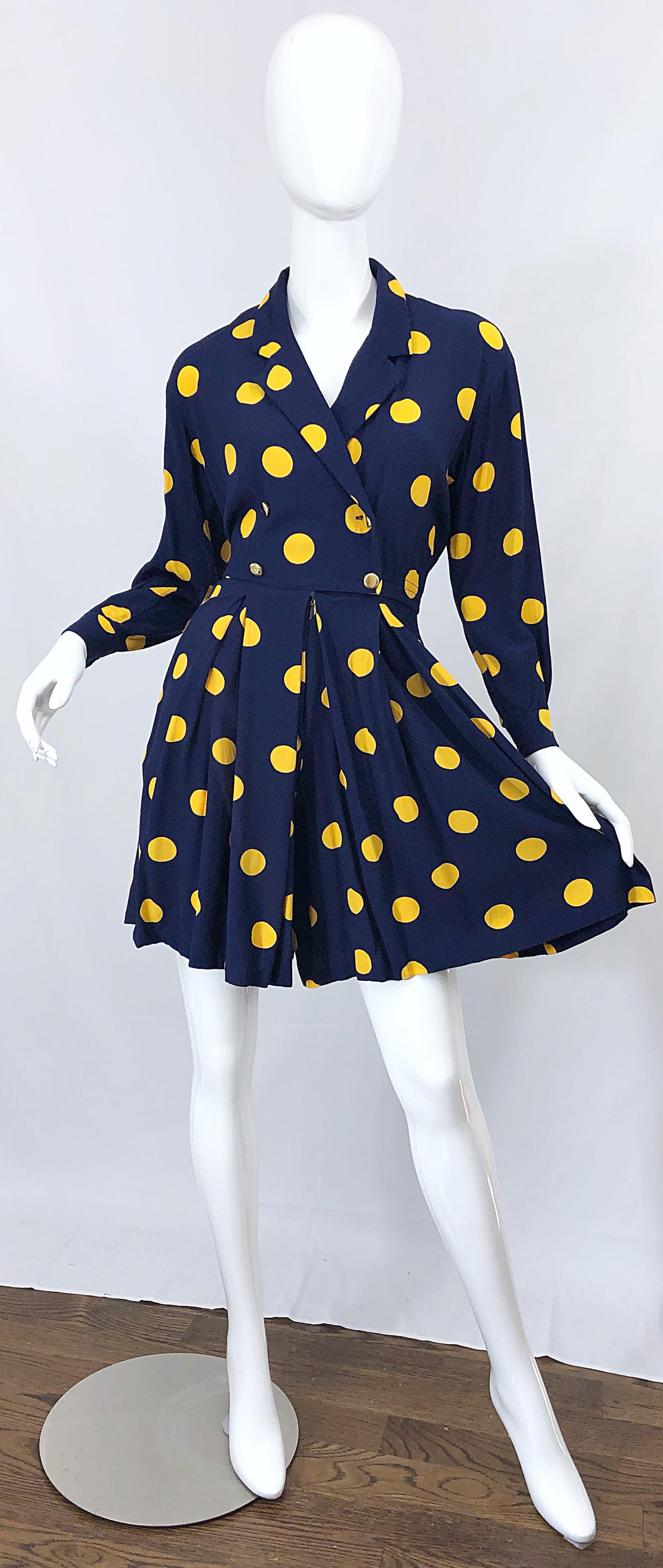Chic late 80s LIZ CLAIBORNE long sleeve navy blue and marigold yellow polka dot one piece romper! Features a fitted bodice, with forgiving wide legs. Double breasted fit, with gold buttons on the front and at each sleeve cuff. POCKETS at each side