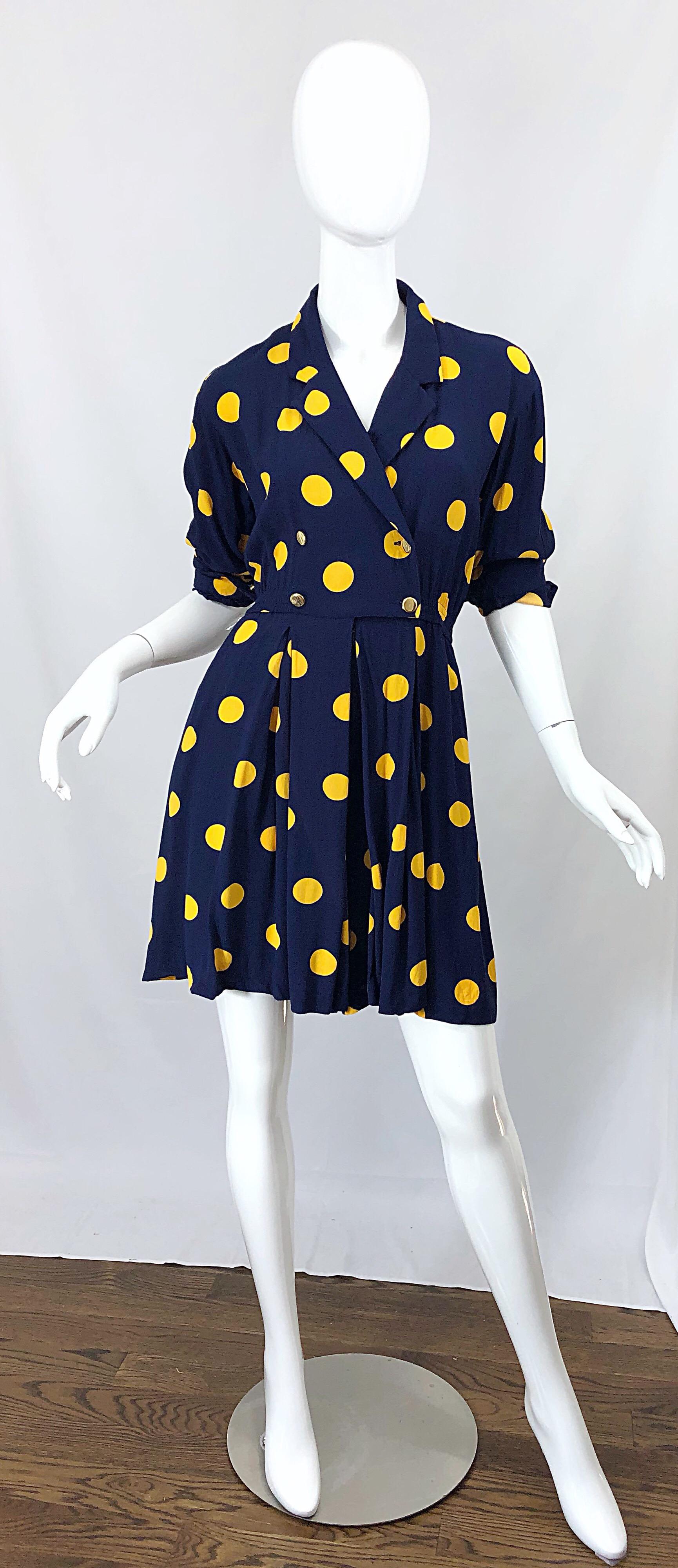 Women's Size 8 Romper Late 1980s Navy Blue and Yellow Polka Dot 80s Vintage Romper