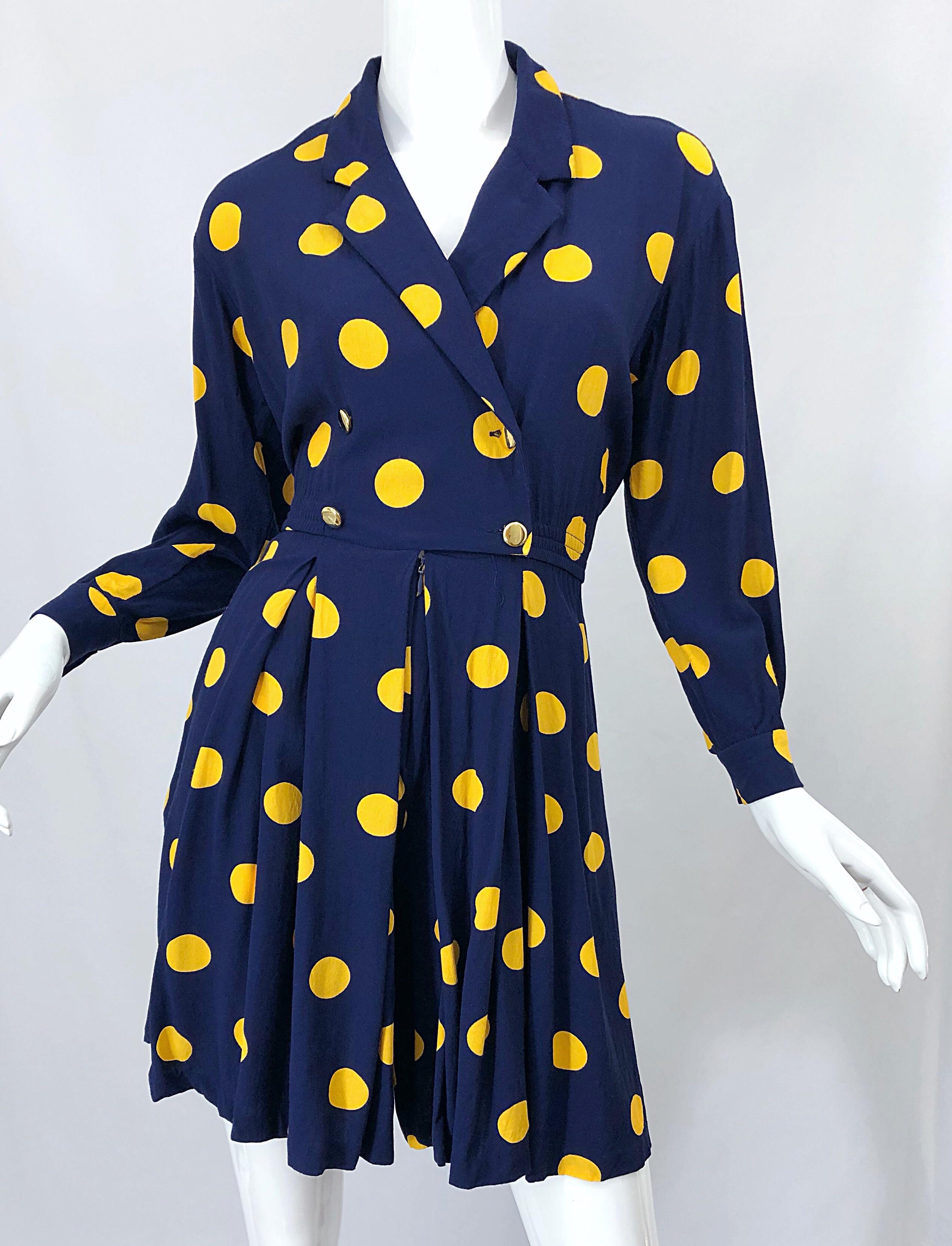 Size 8 Romper Late 1980s Navy Blue and Yellow Polka Dot 80s Vintage Romper 1