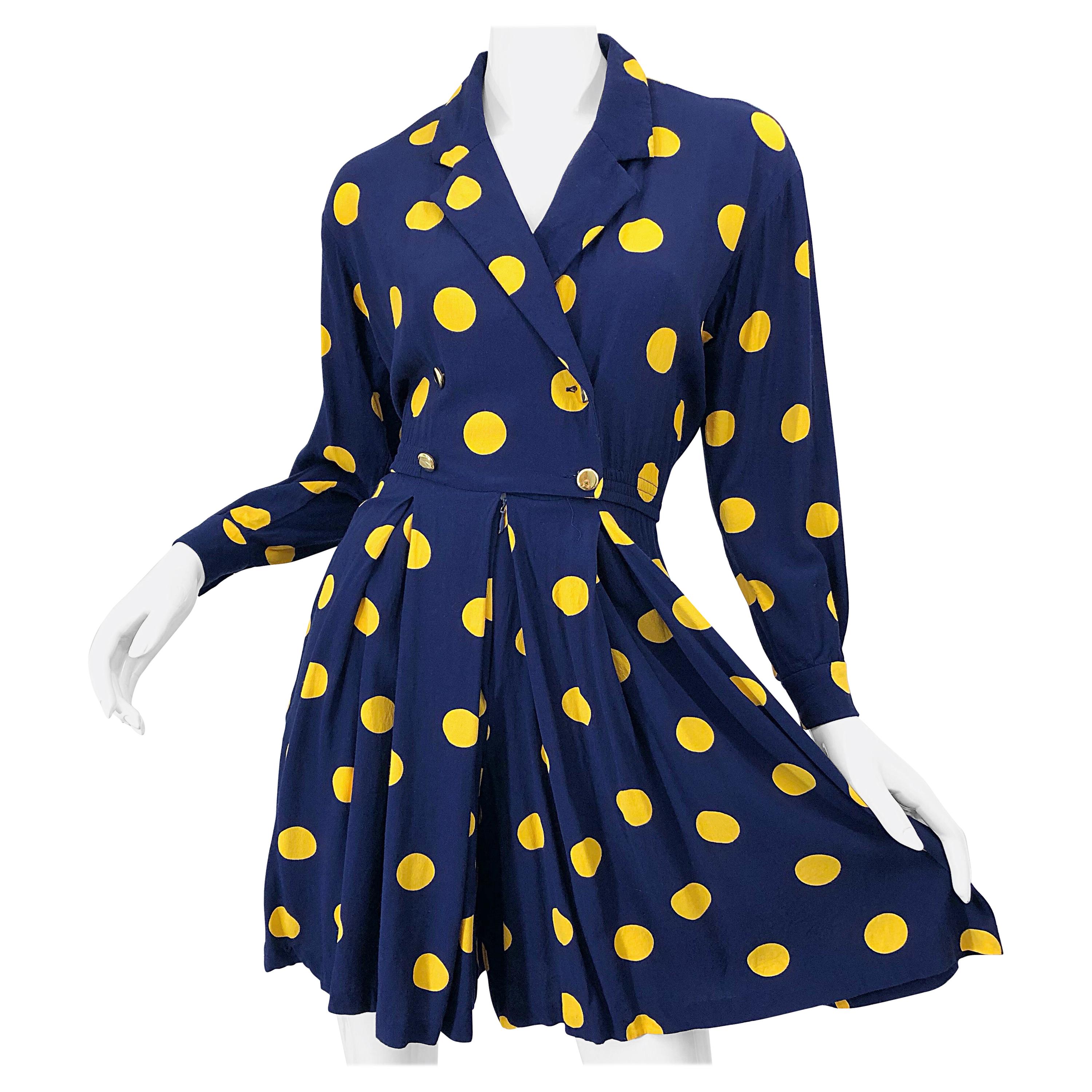 Size 8 Romper Late 1980s Navy Blue and Yellow Polka Dot 80s Vintage Romper
