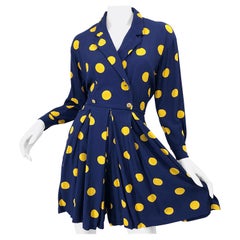 Size 8 Romper Late 1980s Navy Blue and Yellow Polka Dot 80s Retro Romper