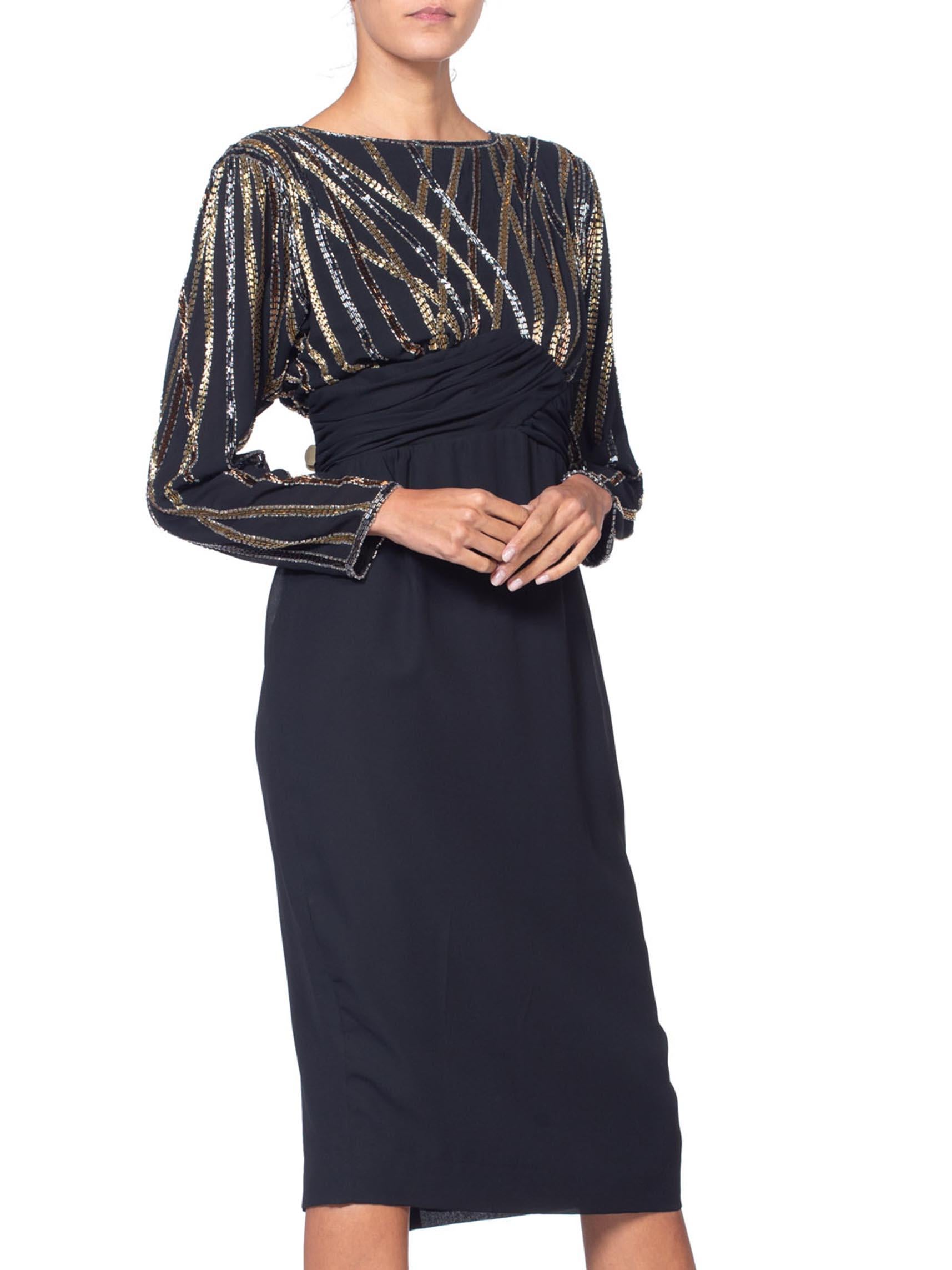 1980S BOB MACKIE Style Black Hand Beaded Polyester Chiffon Long Sleeve Cocktail Dress