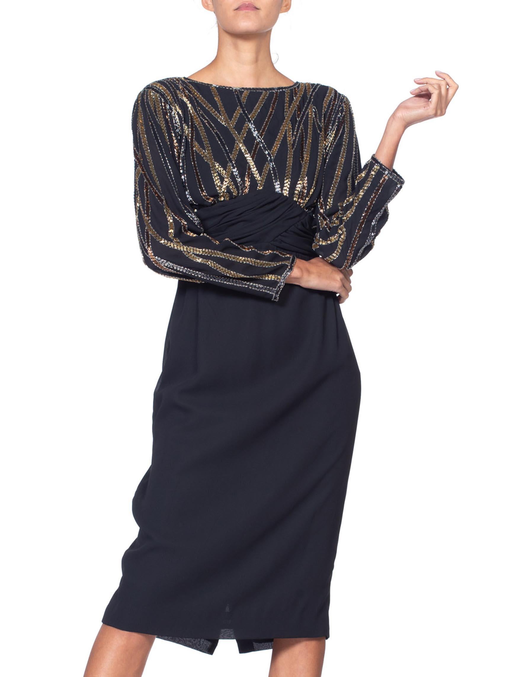 1980S BOB MACKIE Style Black Hand Beaded Polyester Chiffon Long Sleeve Cocktail In Excellent Condition For Sale In New York, NY