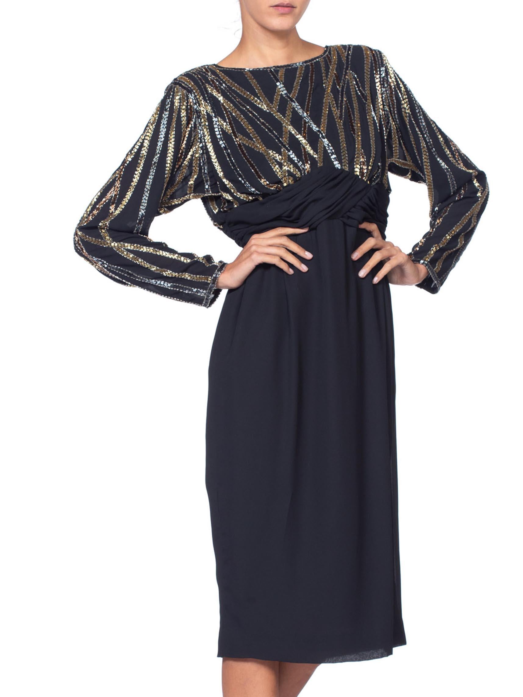 1980S BOB MACKIE Style Black Hand Beaded Polyester Chiffon Long Sleeve Cocktail For Sale 1