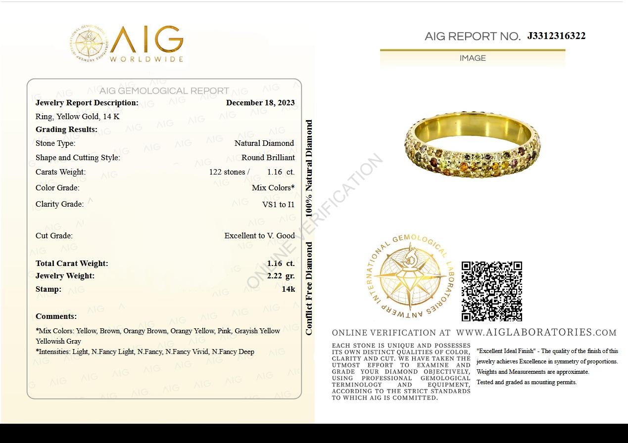 Center Stone:
___________
Natural Diamond
Cut: Round Brilliant Cut
Carat: 1.16 cttw / 122 stones
Color: Mix Colors
Clarity: VS1 to I1

Item ships from Israeli Diamonds Exchange, customers are responsible for any local customs or VAT fees that might