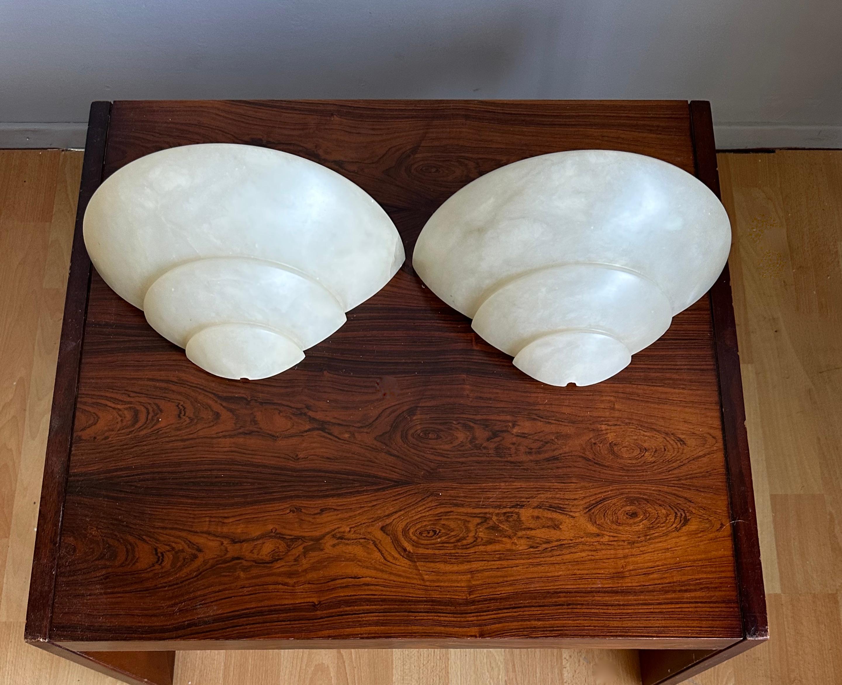 European Sizeable Pair of Art Deco Style Layered Alabaster Wall Sconces Fixtures / Lights For Sale