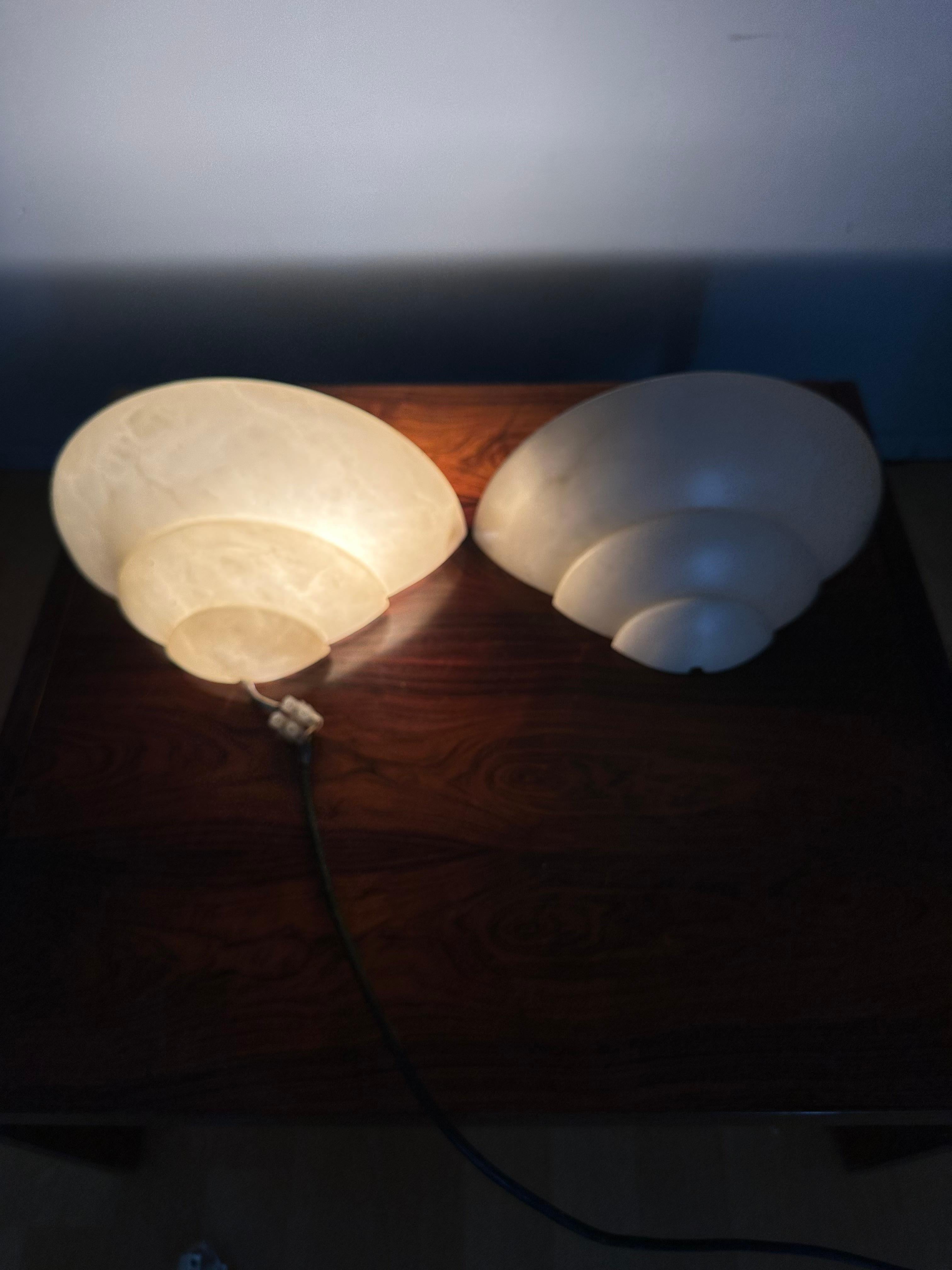 Polished Sizeable Pair of Art Deco Style Layered Alabaster Wall Sconces Fixtures / Lights For Sale