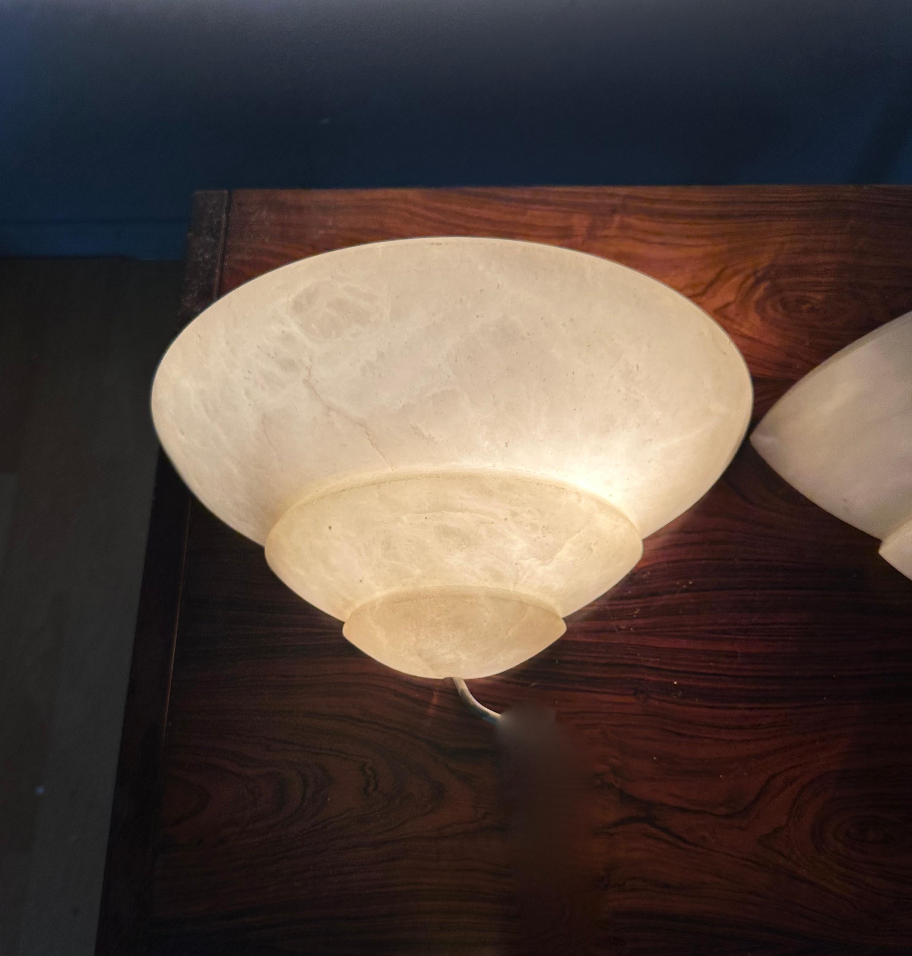 Sizeable Pair of Art Deco Style Layered Alabaster Wall Sconces Fixtures / Lights For Sale 1
