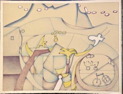 BICYCLE DREAMSCAPE Signed Lithograph, Abstract Landscape, Palm Tree, Bike, Bird